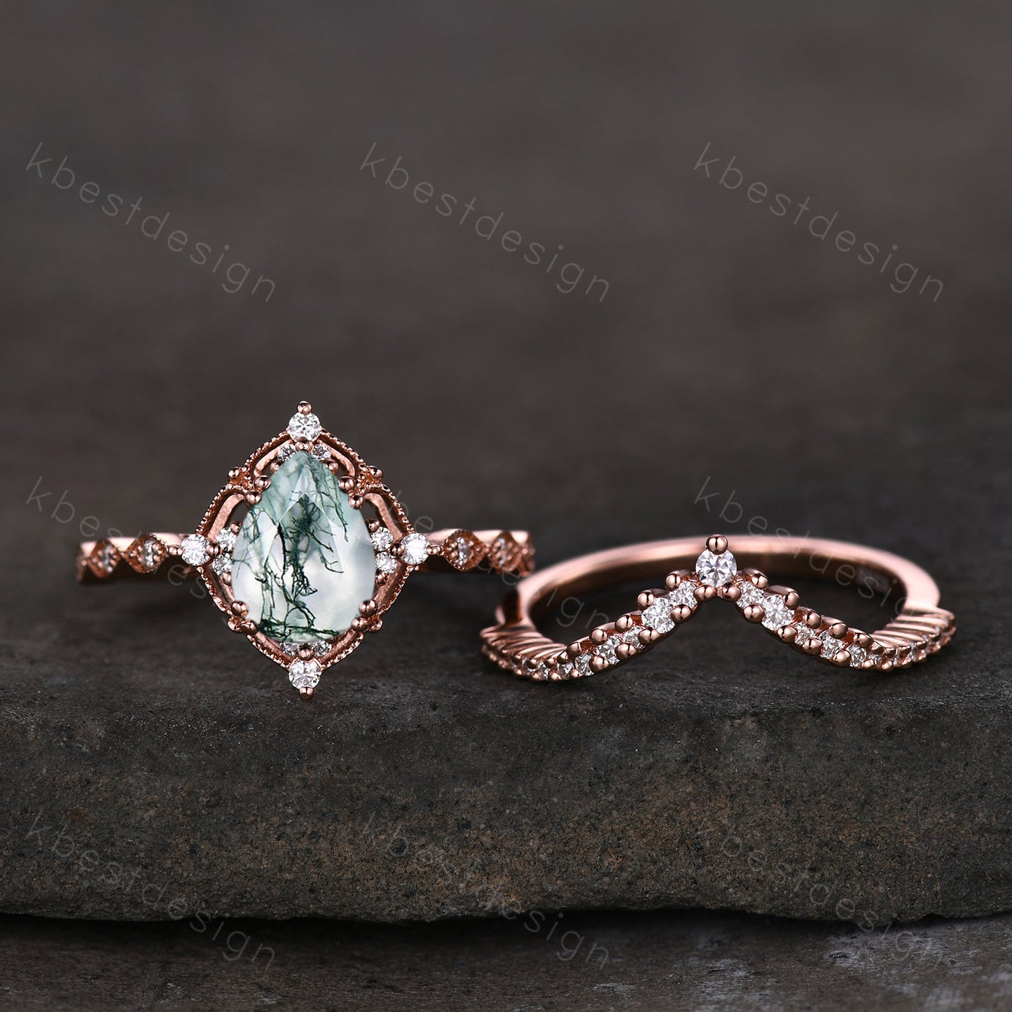 Vintage moss agate engagement ring set rose gold green moss agate ring unique curved Moissanite stacking band pear shaped bridal wedding set