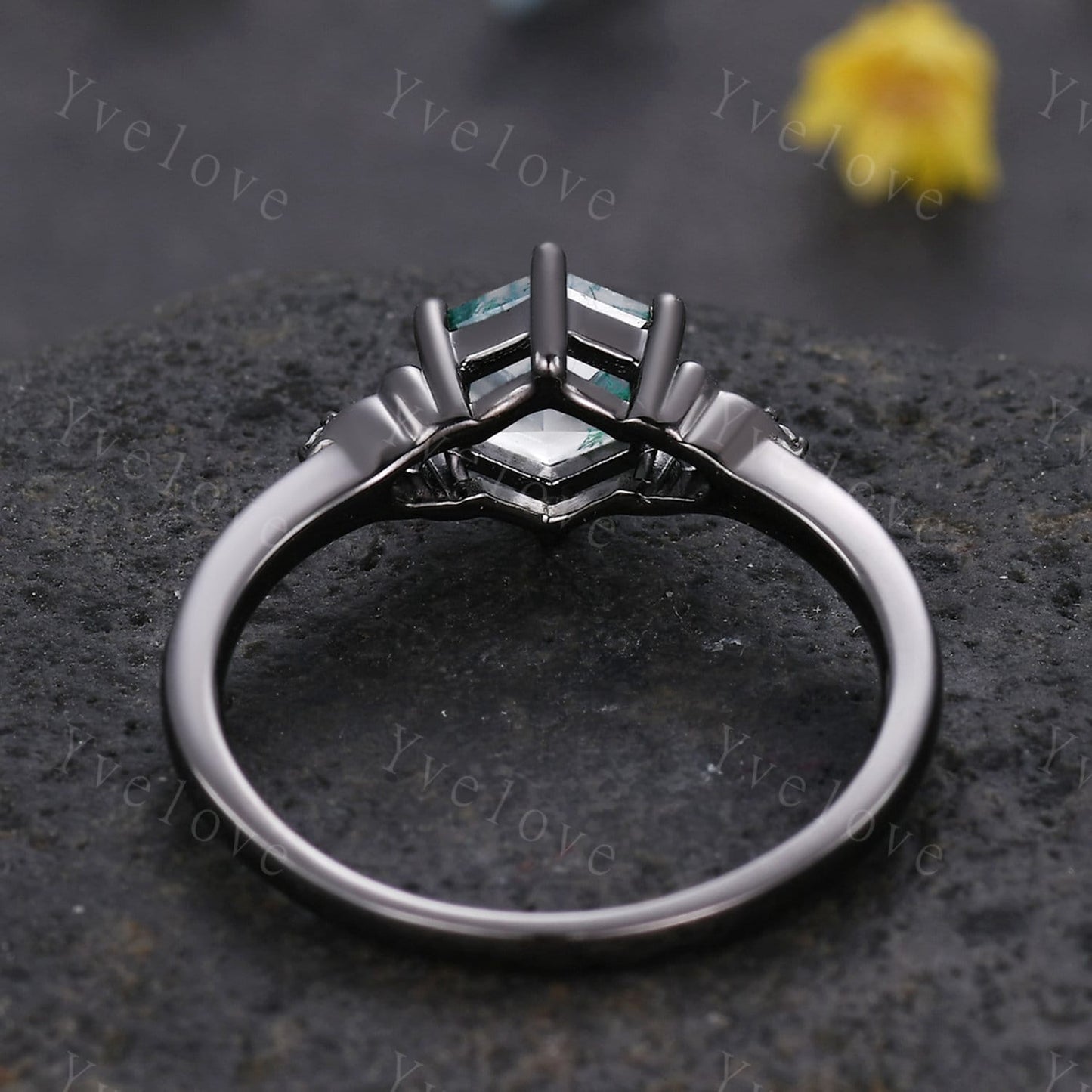 Hexagon Moissanite Engagement Ring Set Vintage Black Gold Ring Unique black enhancer band,Diamond Ring Anniversary Gift,Celtic Gothic Ring
