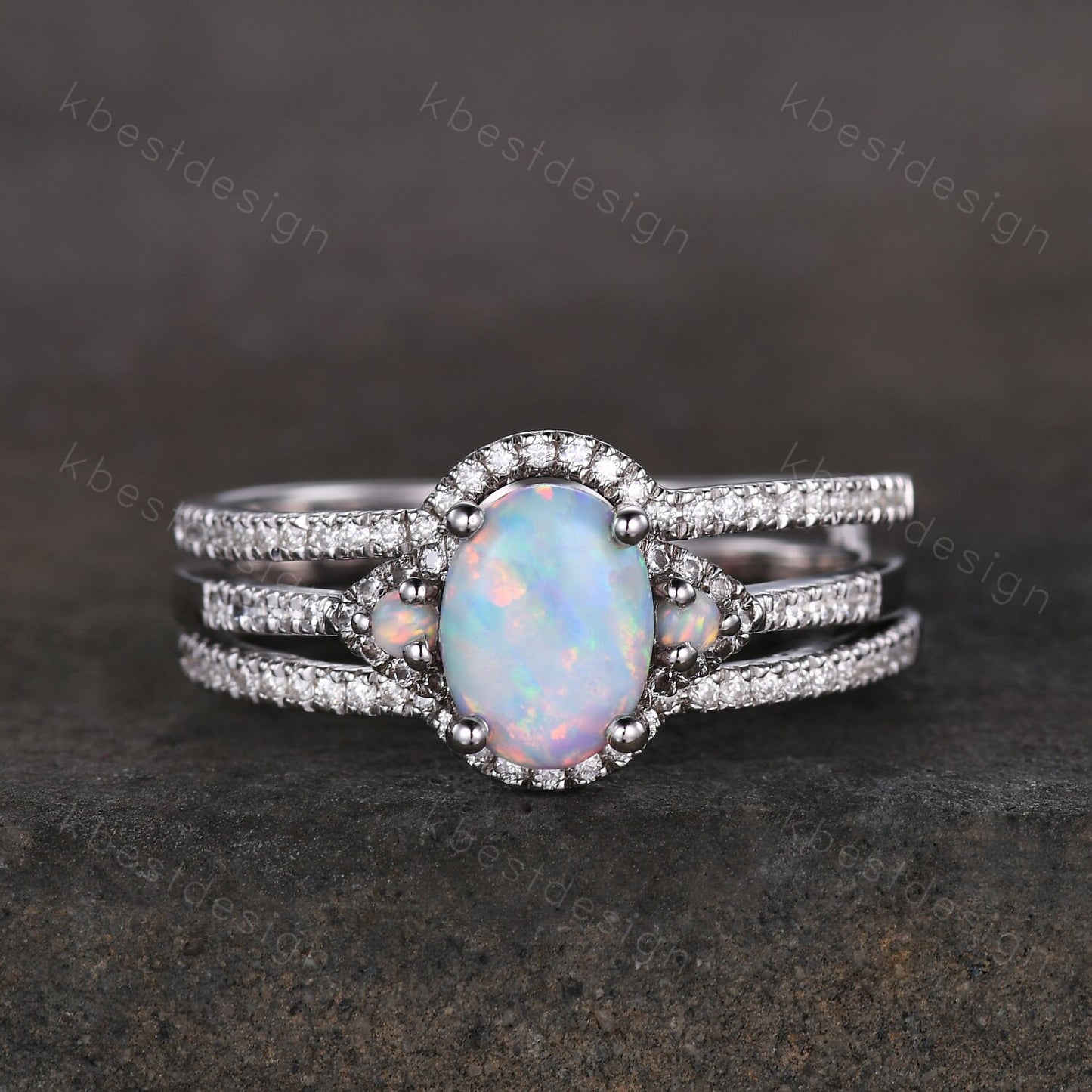 Vintage Opal engagement ring sterling silver wedding ring set double curved women stacking ring unique moissnaite bridal wedding ring set
