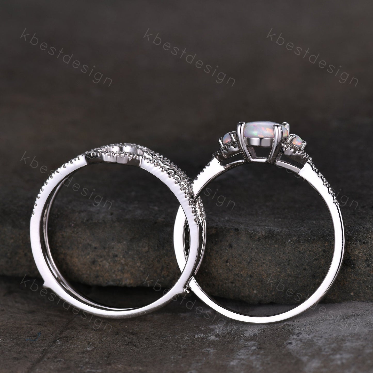 Vintage Opal engagement ring sterling silver wedding ring set double curved women stacking ring unique moissnaite bridal wedding ring set