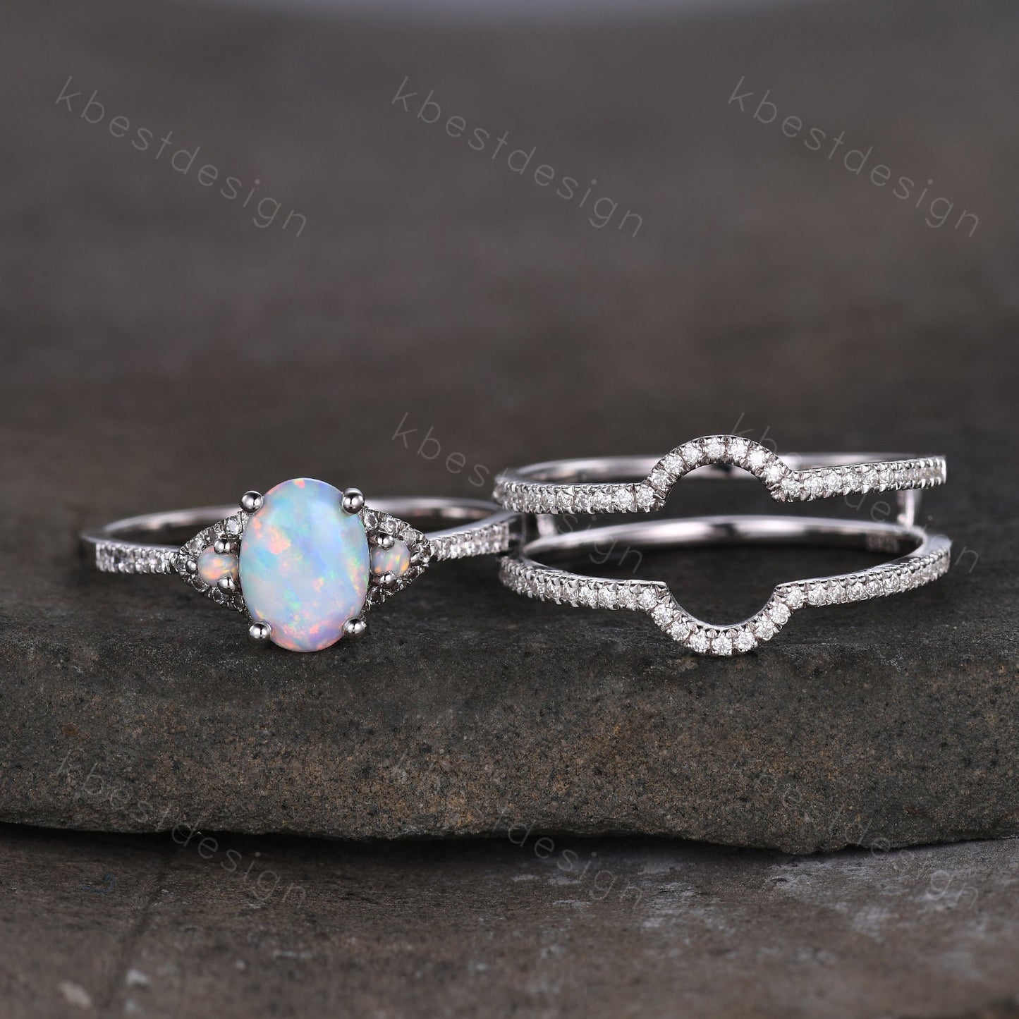 Vintage Opal engagement ring sterling silver wedding ring set double curved women stacking ring unique moissnaite bridal wedding ring set