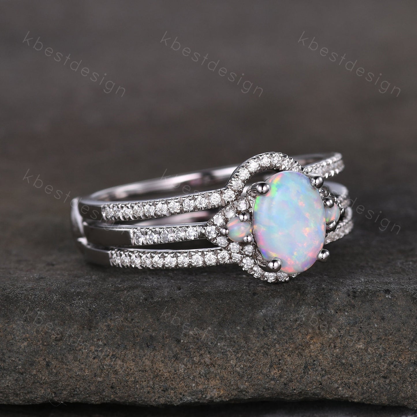 Vintage Opal engagement ring sterling silver wedding ring set double curved women stacking ring unique moissnaite bridal wedding ring set