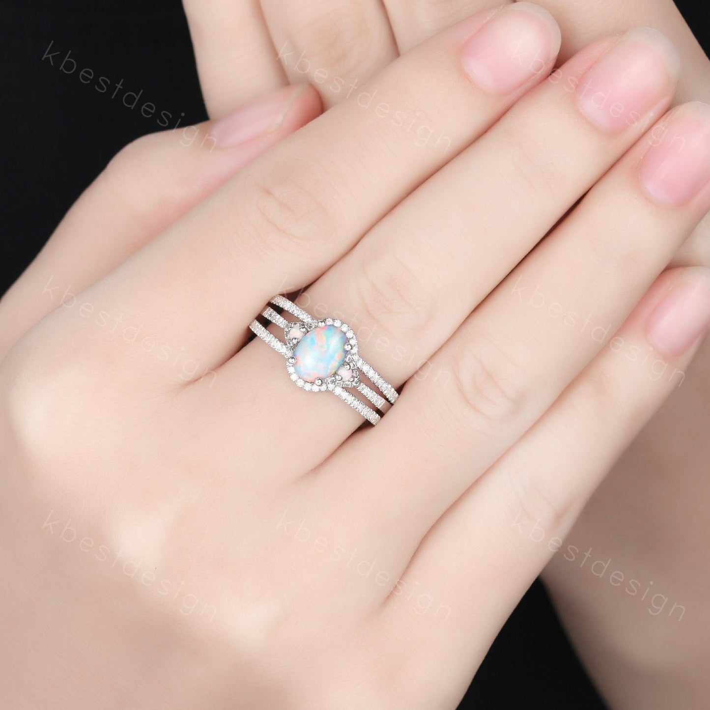 Vintage Opal engagement ring sterling silver wedding ring set double curved women stacking ring unique moissnaite bridal wedding ring set