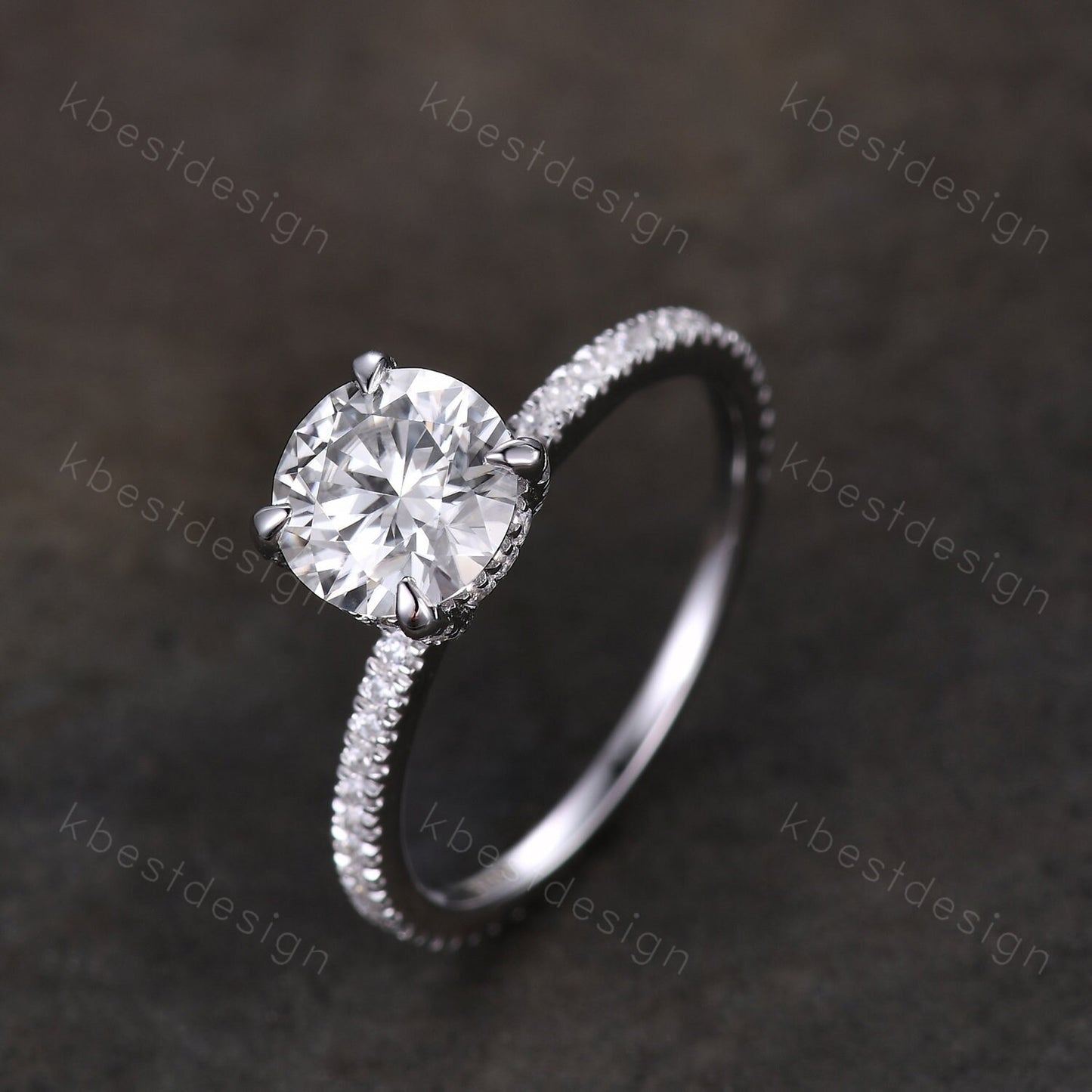 Round cut moissanite ring vintage moissanite engagement ring white gold unique hidden halo engagement ring promise wedding ring for women