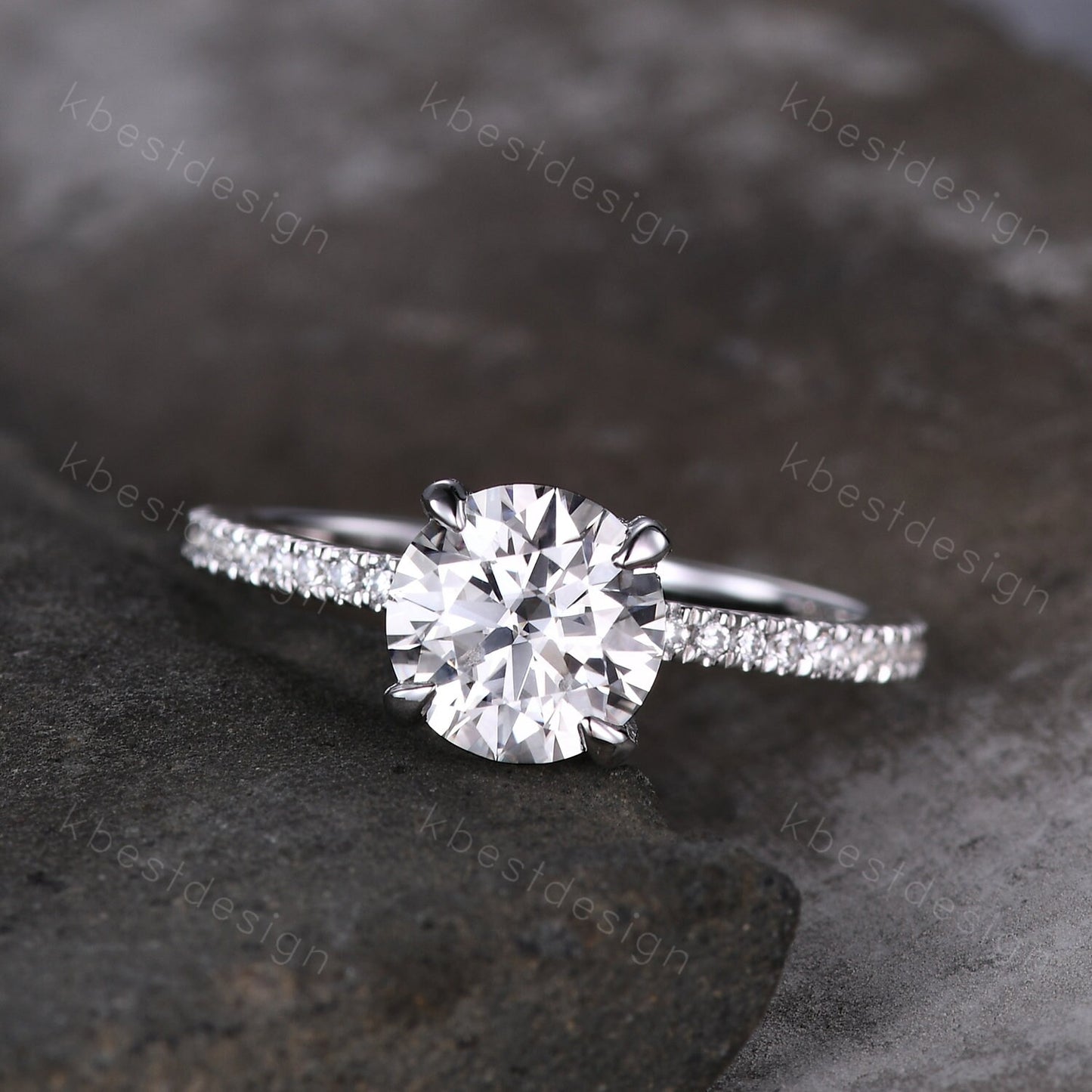 Round cut moissanite ring vintage moissanite engagement ring white gold unique hidden halo engagement ring promise wedding ring for women