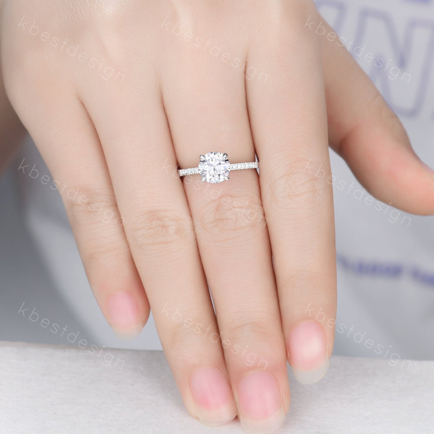 Round cut moissanite ring vintage moissanite engagement ring white gold unique hidden halo engagement ring promise wedding ring for women