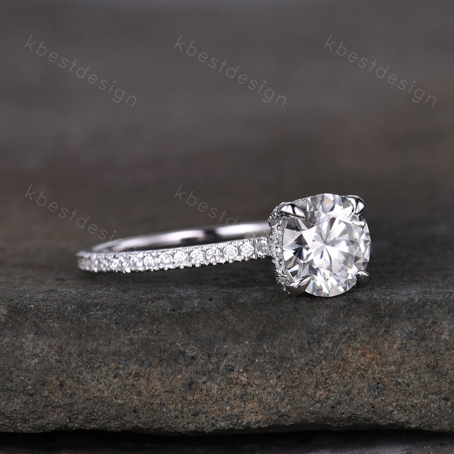 Round cut moissanite ring vintage moissanite engagement ring white gold unique hidden halo engagement ring promise wedding ring for women