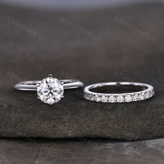 1.25CT Moissanite Engagement Ring Set 14K White Gold Round cut Moissanite Ring 2mm Half Eternity Stacking Matching Band Bridal Wedding Set