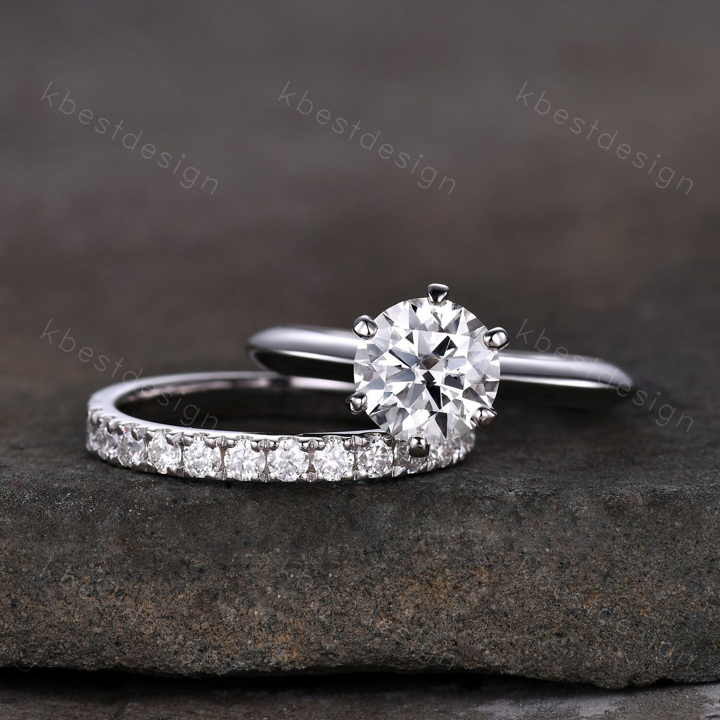 1.25CT Moissanite Engagement Ring Set 14K White Gold Round cut Moissanite Ring 2mm Half Eternity Stacking Matching Band Bridal Wedding Set