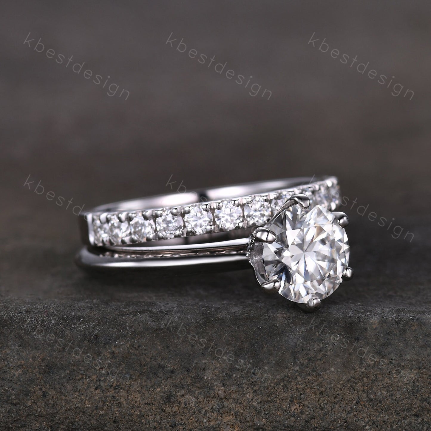 1.25CT Moissanite Engagement Ring Set 14K White Gold Round cut Moissanite Ring 2mm Half Eternity Stacking Matching Band Bridal Wedding Set