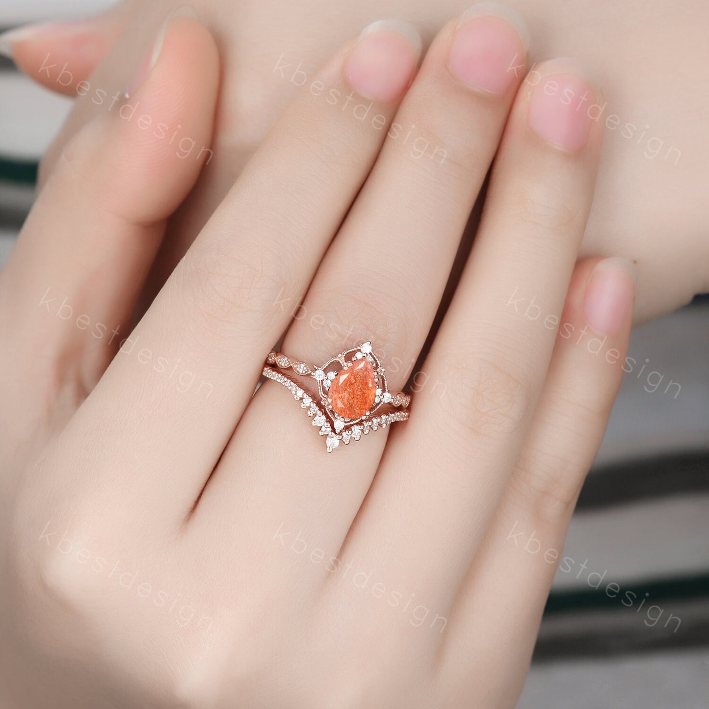 Vintage Sunstone engagement ring rose gold ring art deco curved stacking band pear cut bridal set unique moissanite wedding ring set