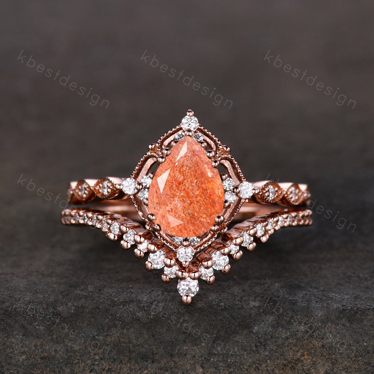 Vintage Sunstone engagement ring rose gold ring art deco curved stacking band pear cut bridal set unique moissanite wedding ring set