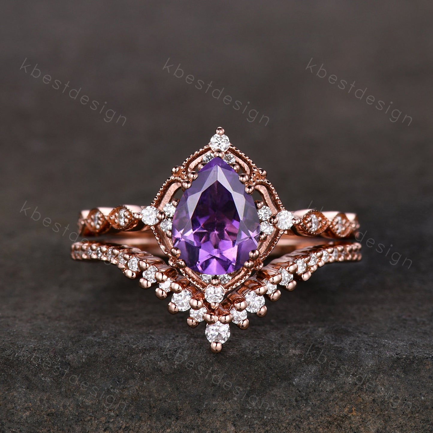 14K Rose Gold Amethyst Engagement Ring Set Vintage Pear Amethyst Bridal Set Unique Curved Moissanite Wedding Ring Anniversary Promise Gift