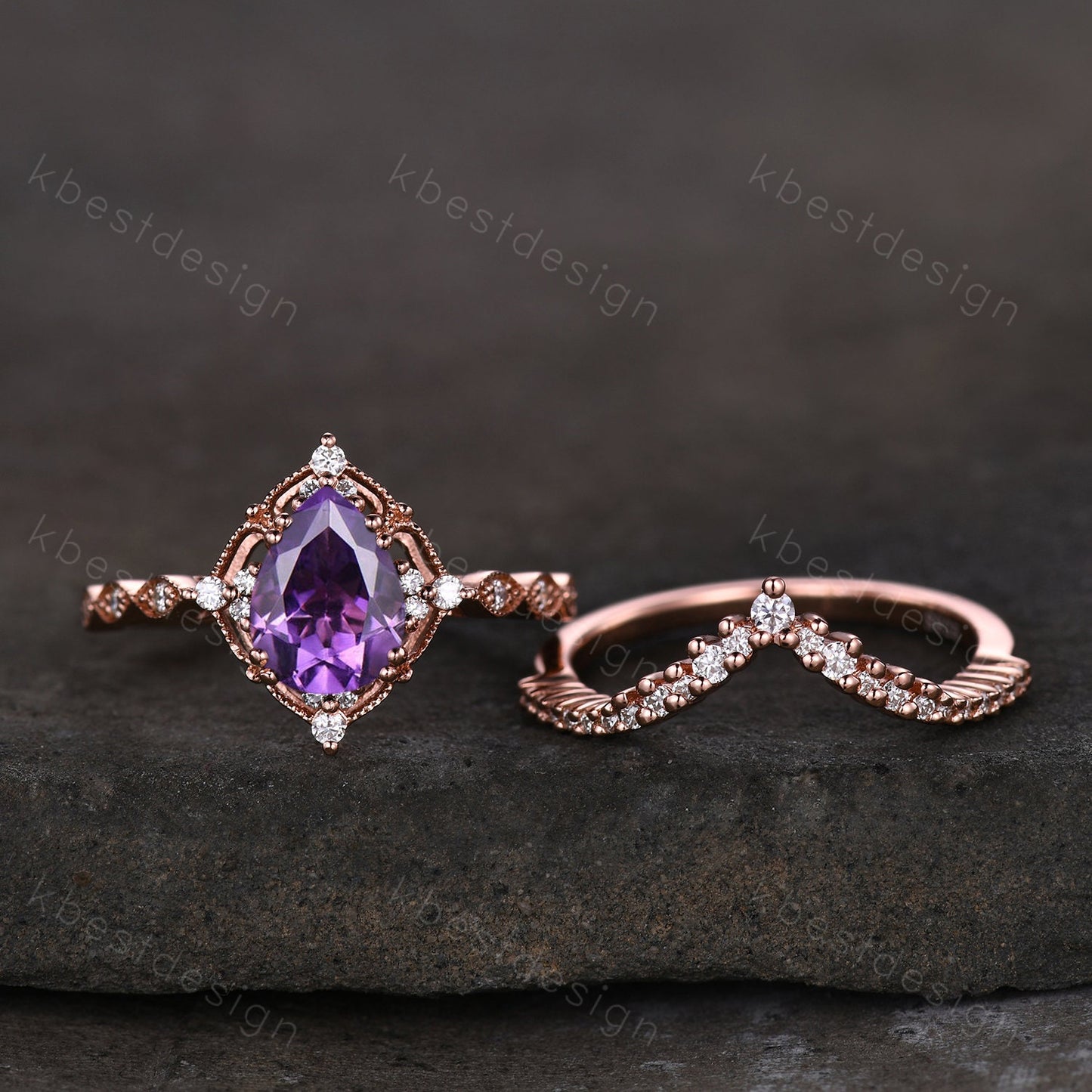 14K Rose Gold Amethyst Engagement Ring Set Vintage Pear Amethyst Bridal Set Unique Curved Moissanite Wedding Ring Anniversary Promise Gift