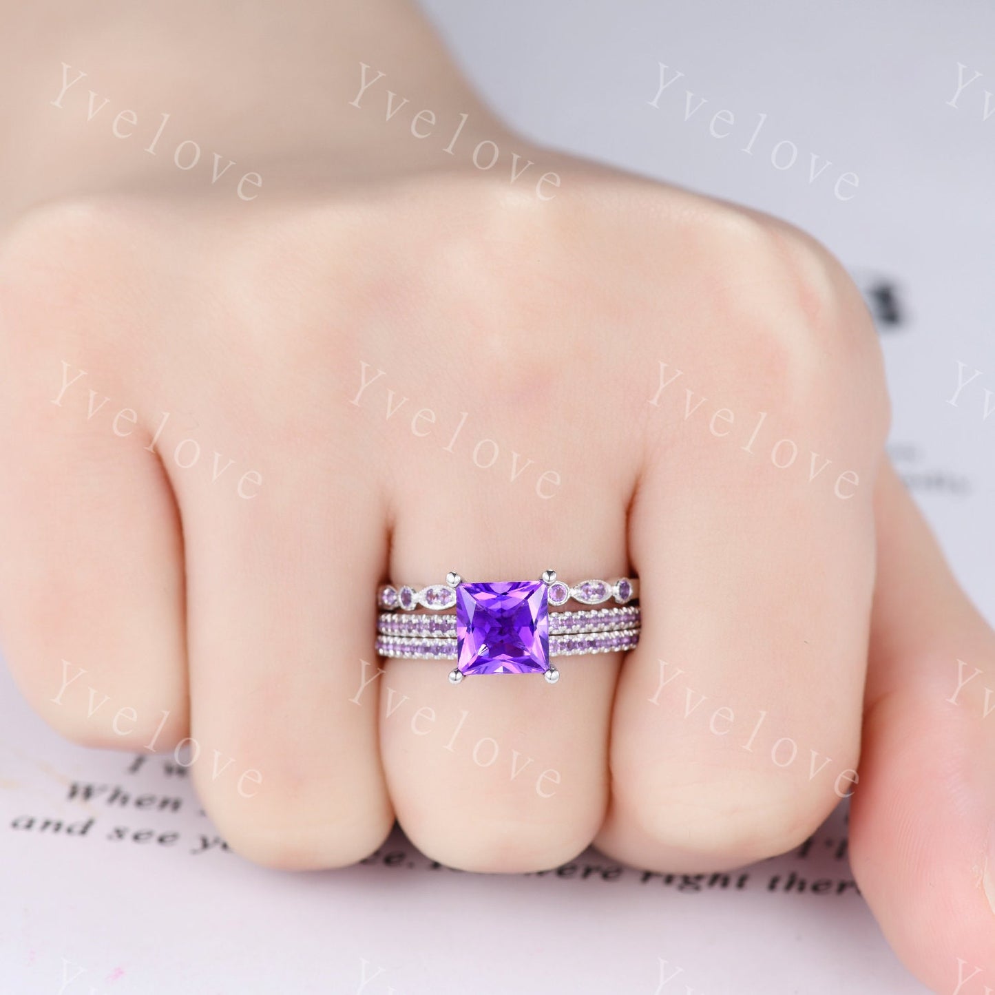 Art deco princess cut amethyst engagement ring hidden halo Amethyst ring amethyst wedding band February birthstone bridal jewelry gift