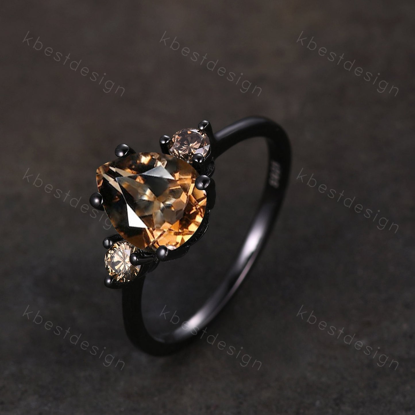 Pear shaped smoky quartz Engagement Ring Black Gold three stone engagement ring Vintage champagne Diamond Wedding ring Bridal promise ring