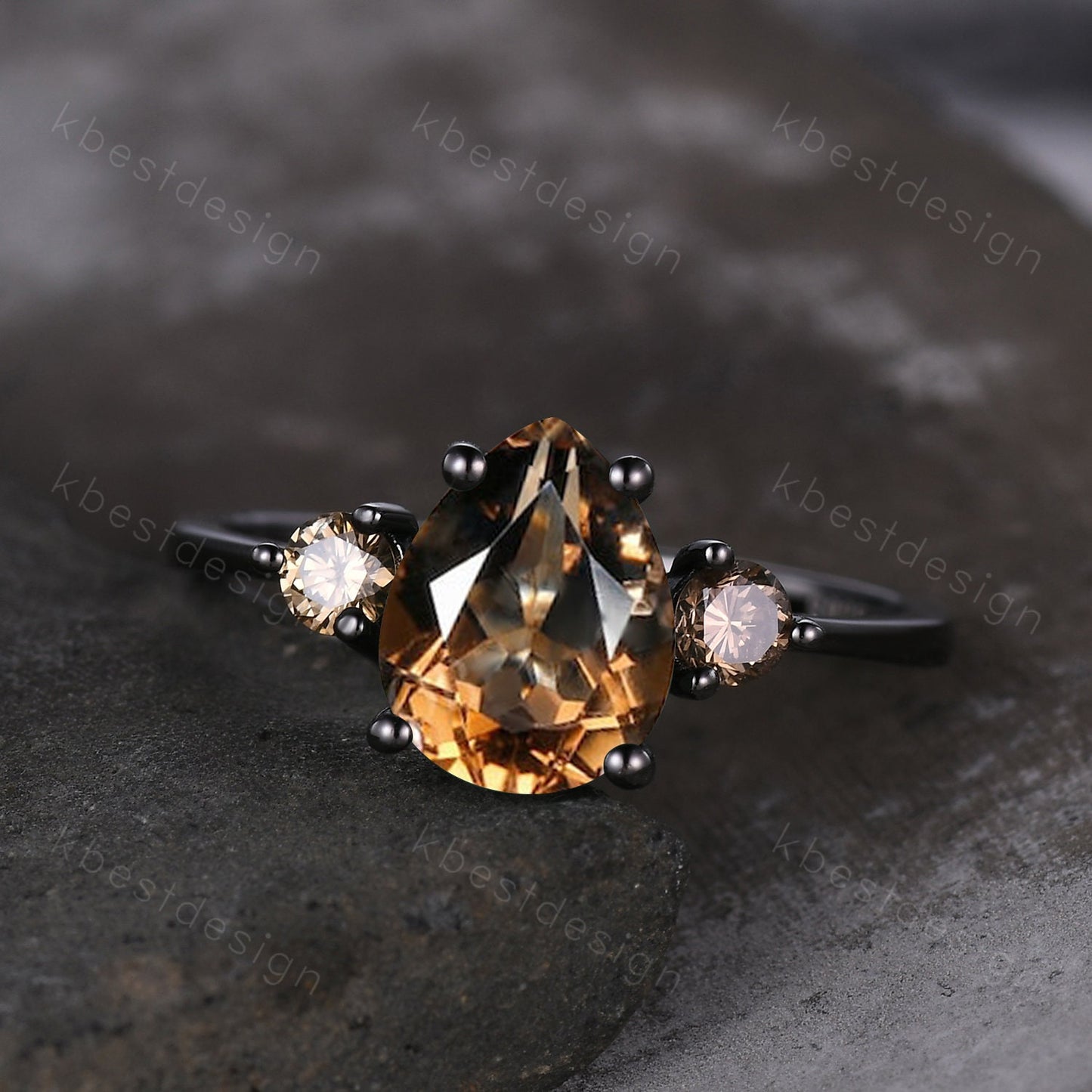 Pear shaped smoky quartz Engagement Ring Black Gold three stone engagement ring Vintage champagne Diamond Wedding ring Bridal promise ring