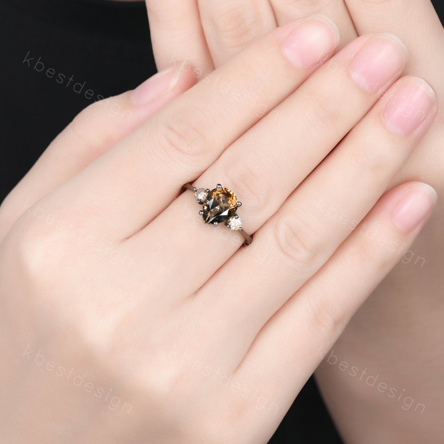 Pear shaped smoky quartz Engagement Ring Black Gold three stone engagement ring Vintage champagne Diamond Wedding ring Bridal promise ring