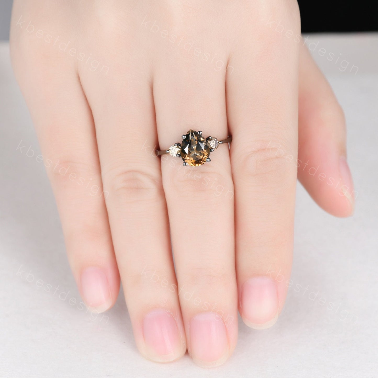Pear shaped smoky quartz Engagement Ring Black Gold three stone engagement ring Vintage champagne Diamond Wedding ring Bridal promise ring