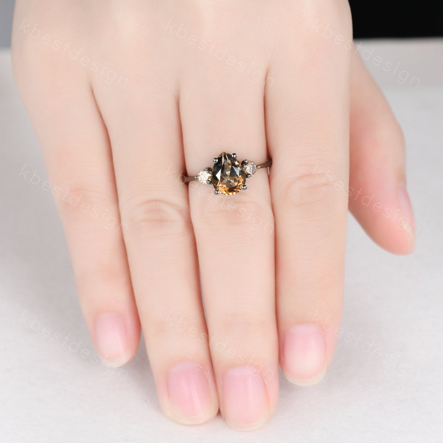 Pear shaped smoky quartz Engagement Ring Rose Gold three stone engagement ring Vintage champagne Diamond Wedding ring Bridal promise ring