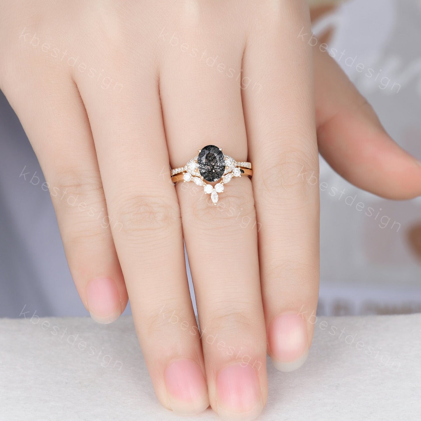 Vintage black rutilated quartz engagement ring 14k yellow gold oval cut ring art deco curved stacking band unique moissanite bridal ring set