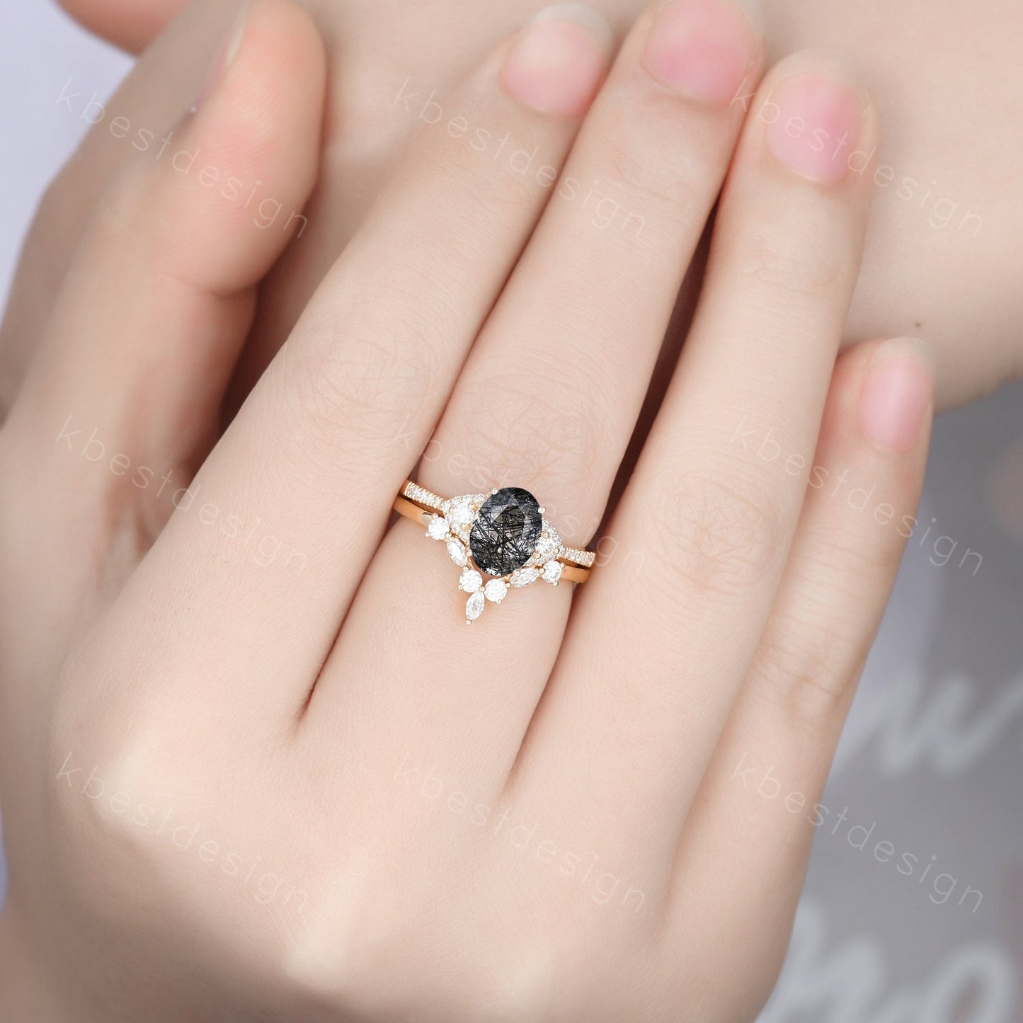 Vintage black rutilated quartz engagement ring 14k yellow gold oval cut ring art deco curved stacking band unique moissanite bridal ring set