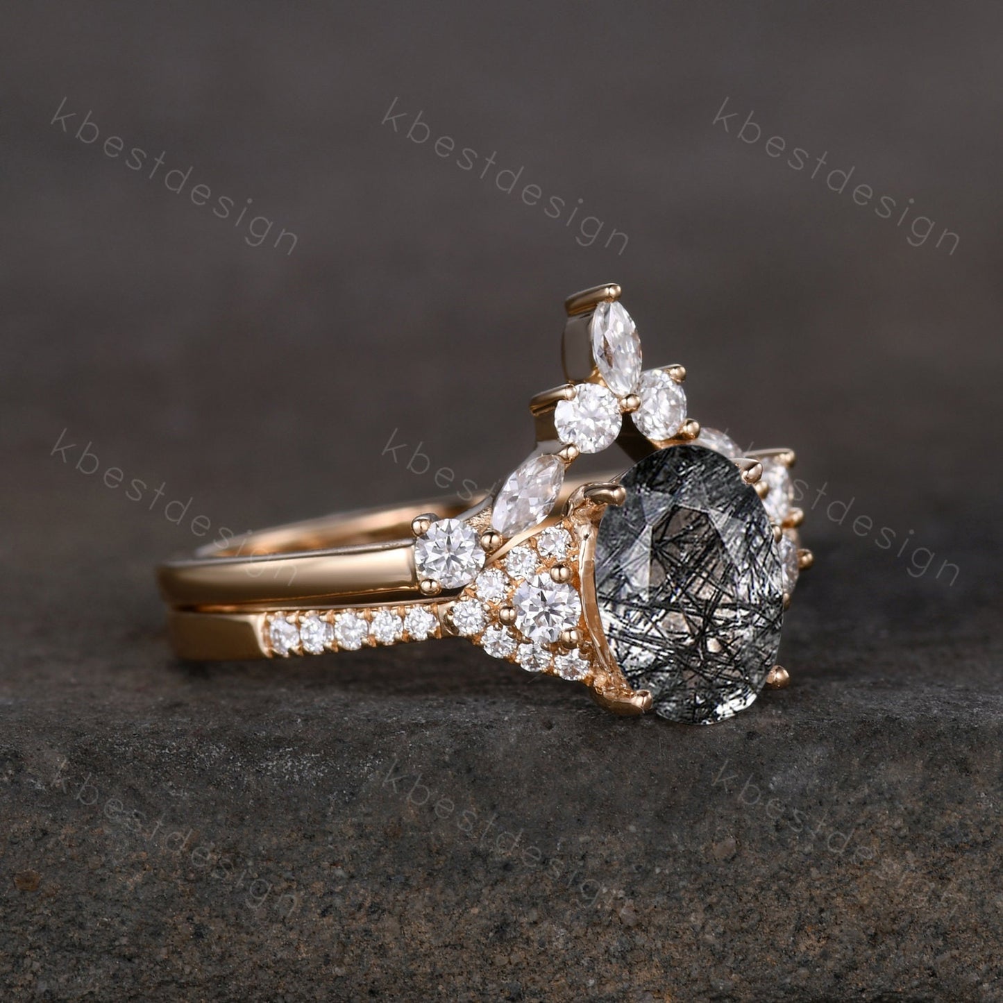 Vintage black rutilated quartz engagement ring 14k yellow gold oval cut ring art deco curved stacking band unique moissanite bridal ring set