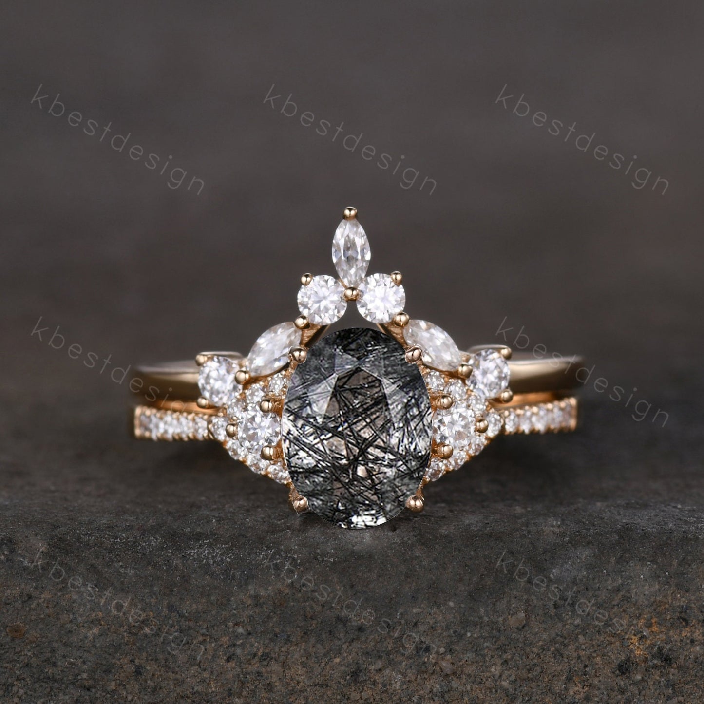 Vintage black rutilated quartz engagement ring 14k yellow gold oval cut ring art deco curved stacking band unique moissanite bridal ring set