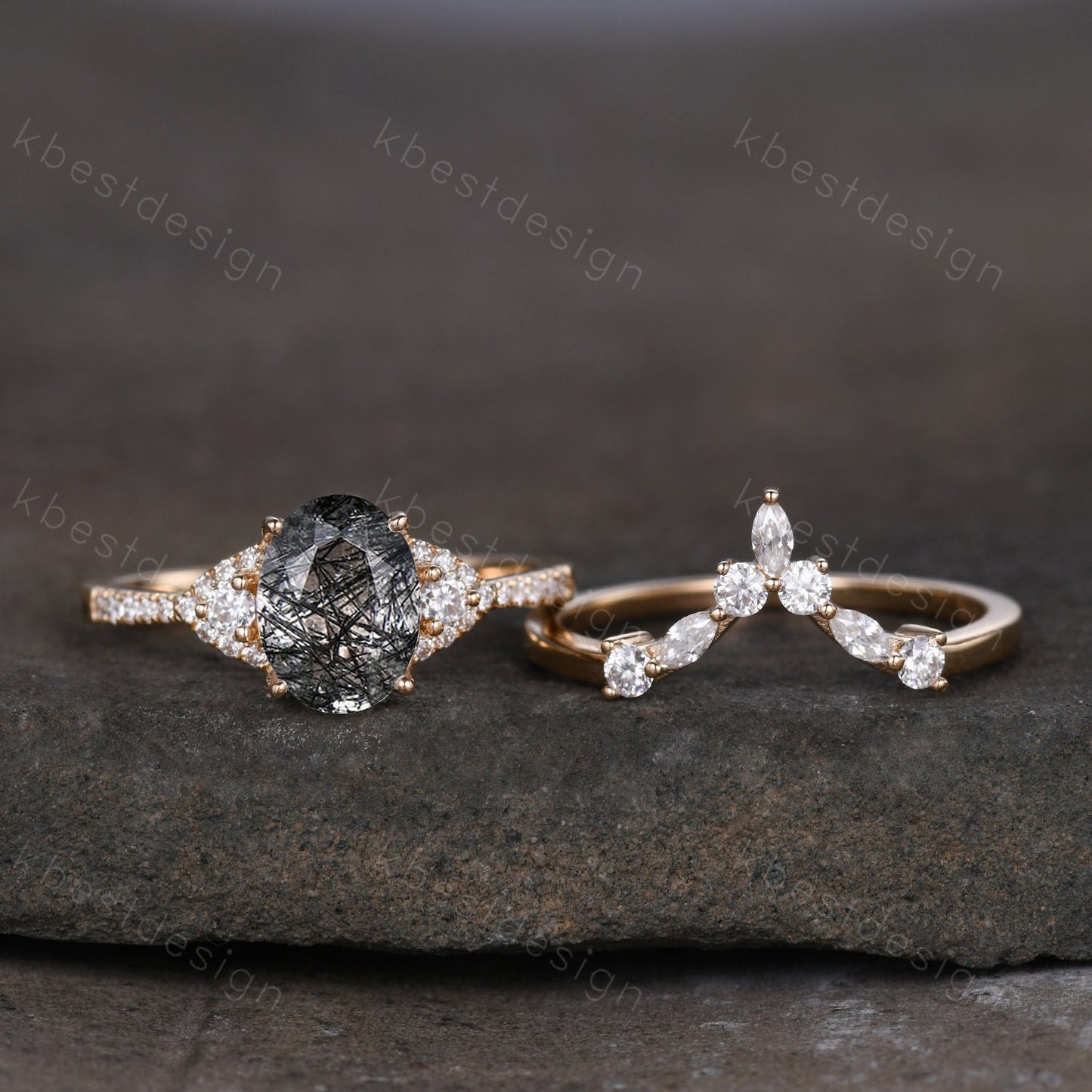 Vintage black rutilated quartz engagement ring 14k yellow gold oval cut ring art deco curved stacking band unique moissanite bridal ring set