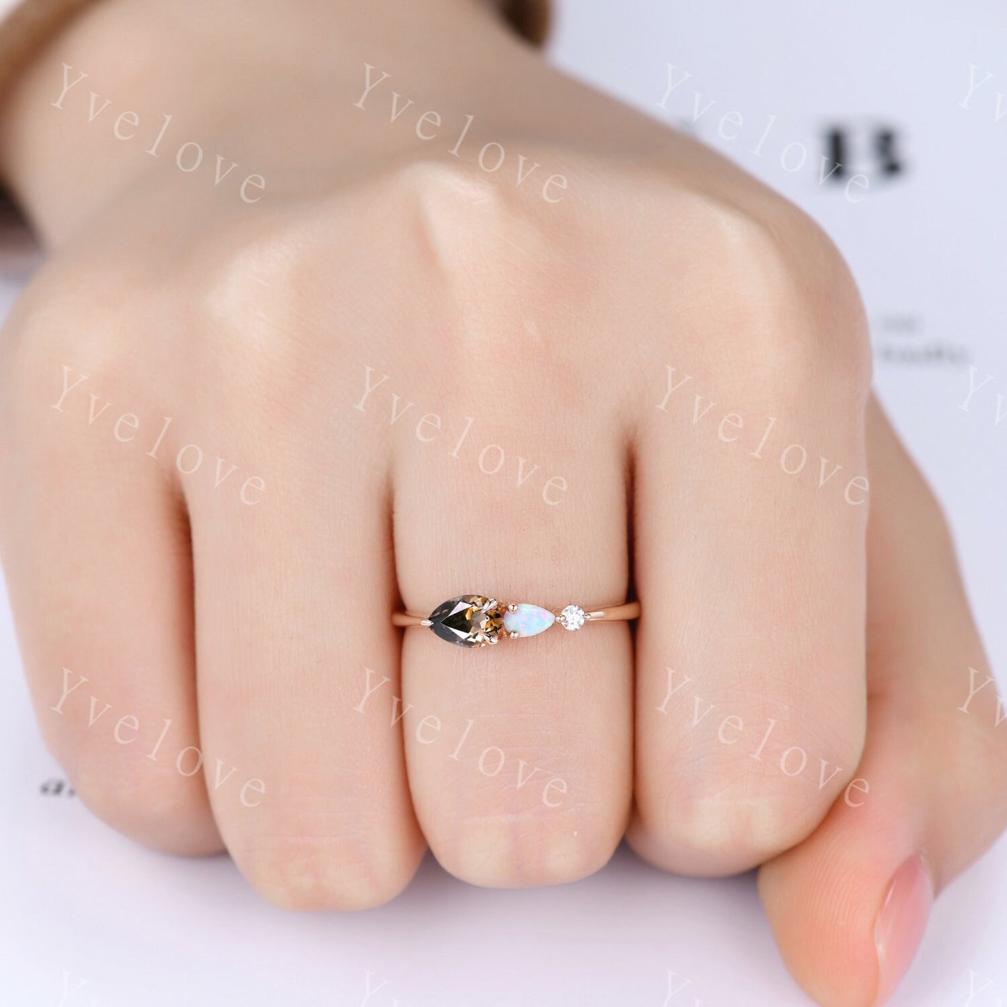 Unique Smoky Quartz Opal Engagement Ring,Pear Cut Gems,Art Deco Moissanite Wedding Band,3 Stone Unique Women Bridal Promise Ring,Customized