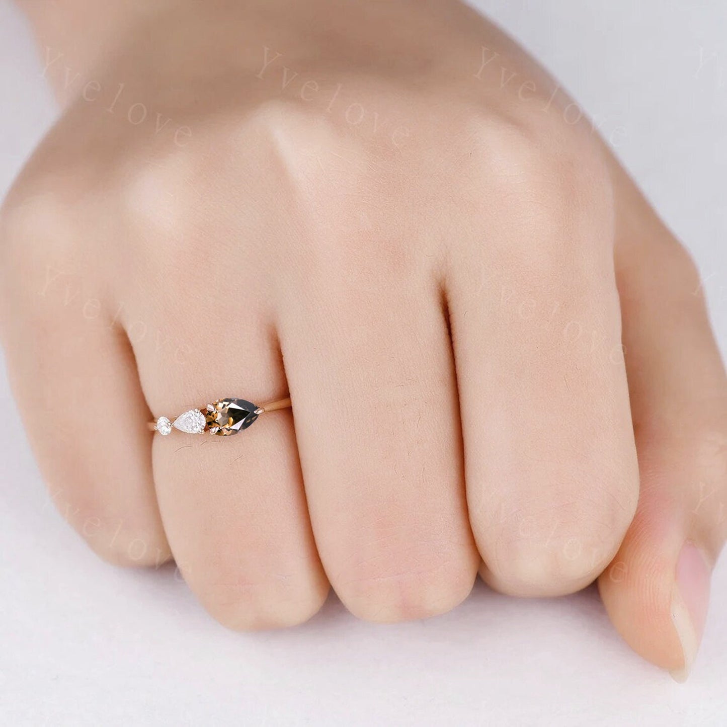 Vintage Smoky Quartz Ring Engagement Ring,Pear Cut Gems,Art Deco Moissanite Wedding Band,3 Stone Unique Women Bridal Promise Ring,Rose gold