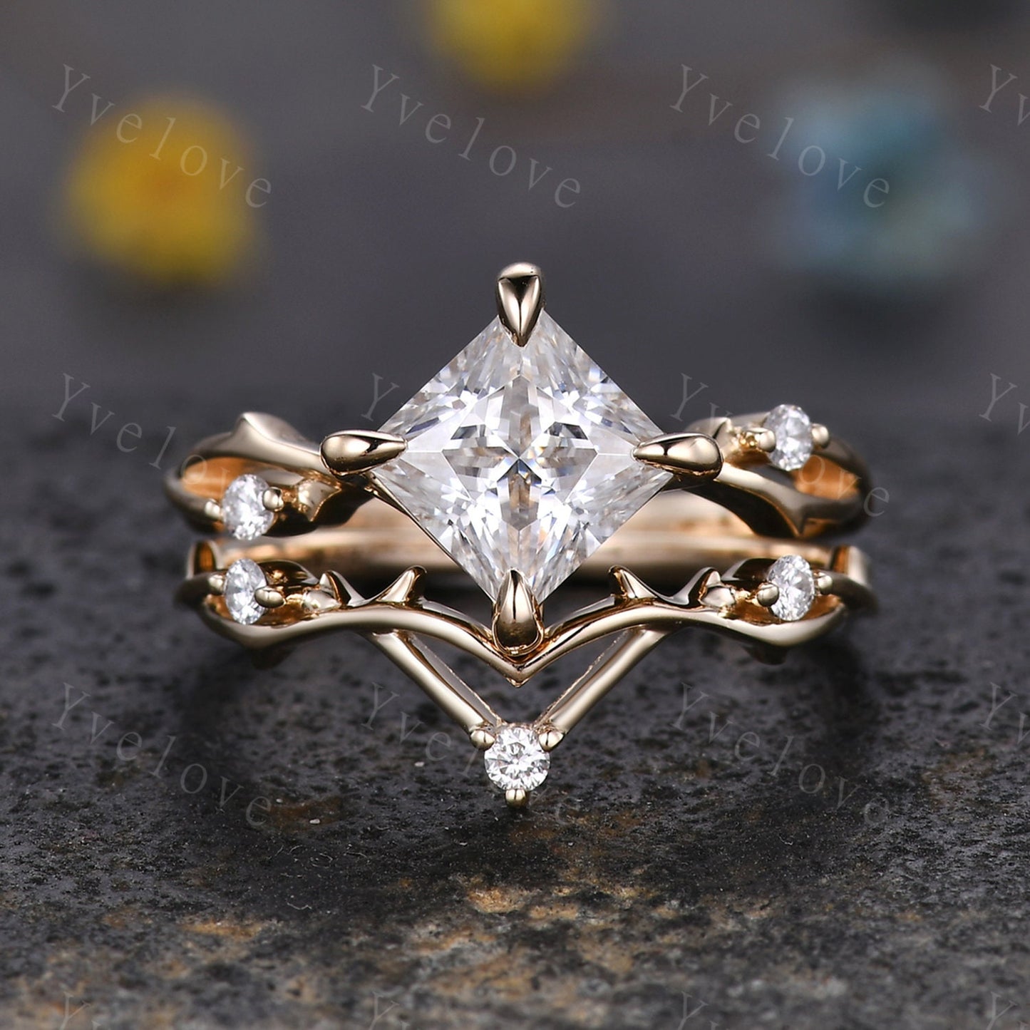 Vintage Princess Cut Moissanite Engagement Ring Set,Twisted Ring,Leaf Vines Moissanite Bridal Set,Branch Ring,Dainty Twig Diamond Ring Gift