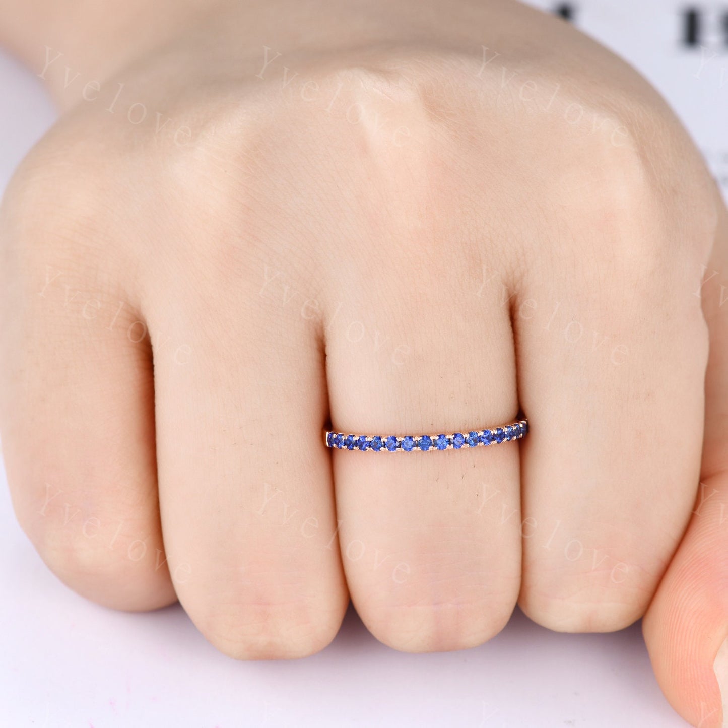 Blue Sapphire wedding band solid 14k rose gold,half eternity ring engagement ring stacking matching band anniversary ring gift for women
