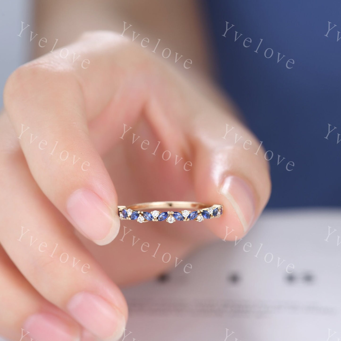 Marquise sapphire wedding band vintage sapphire ring white gold moissanite antique unique stacking band anniversary promise matching band