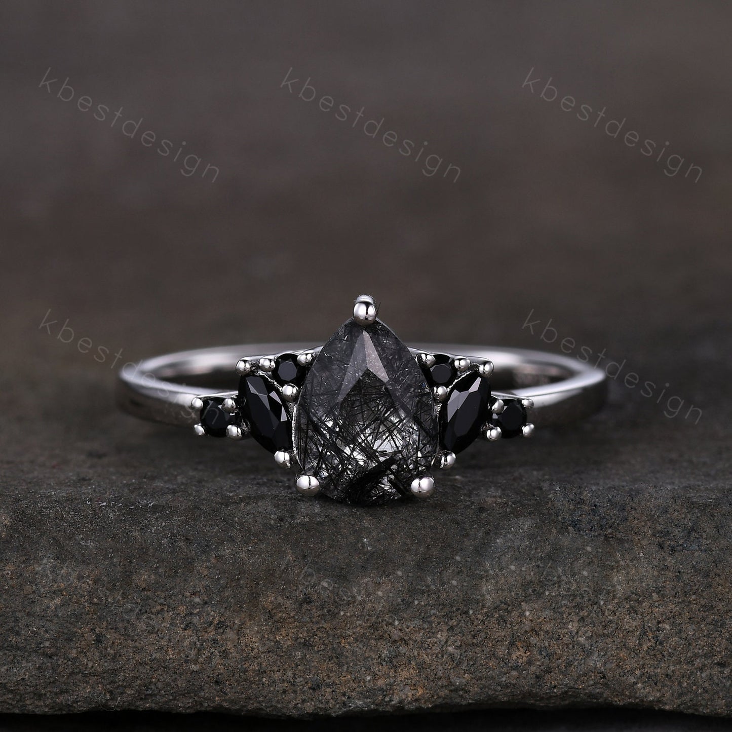 Vintage black rutilated quartz engagement ring sterling silver ring art deco cluster ring pear shaped bridal ring unique black spinel ring
