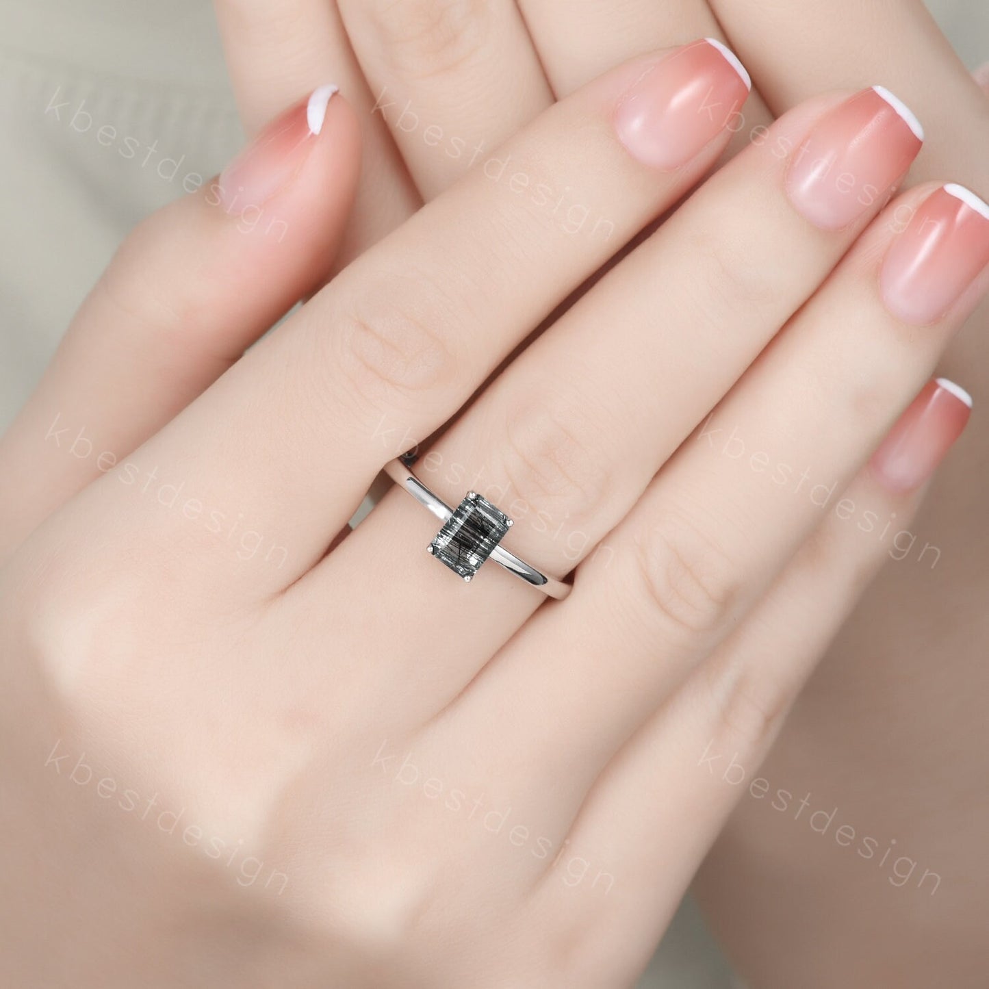 Emerald cut Black Rutilated Quartz ring women vintage unique black gemstone ring minimalist solitaire engagement ring Promise ring