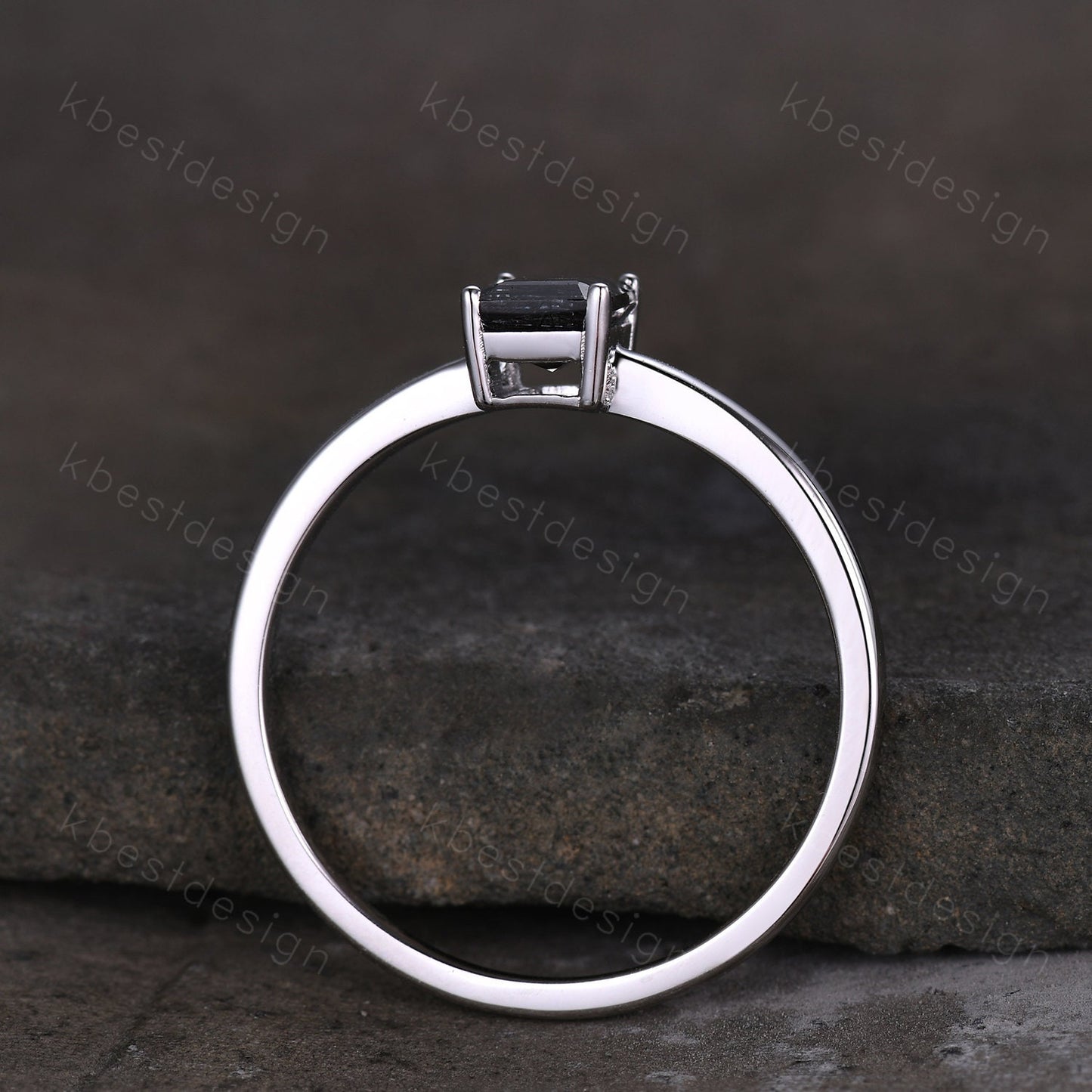 Emerald cut Black Rutilated Quartz ring women vintage unique black gemstone ring minimalist solitaire engagement ring Promise ring