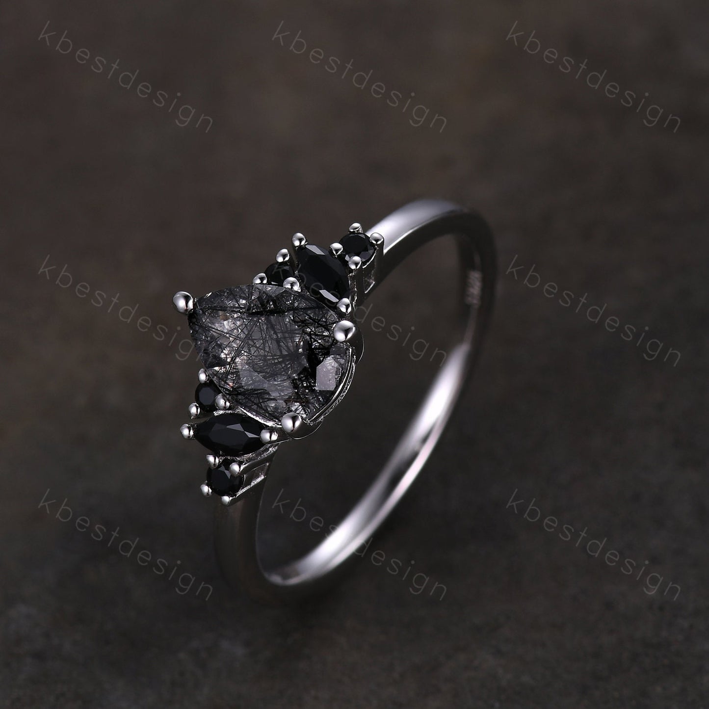 Vintage black rutilated quartz engagement ring sterling silver ring art deco cluster ring pear shaped bridal ring unique black spinel ring