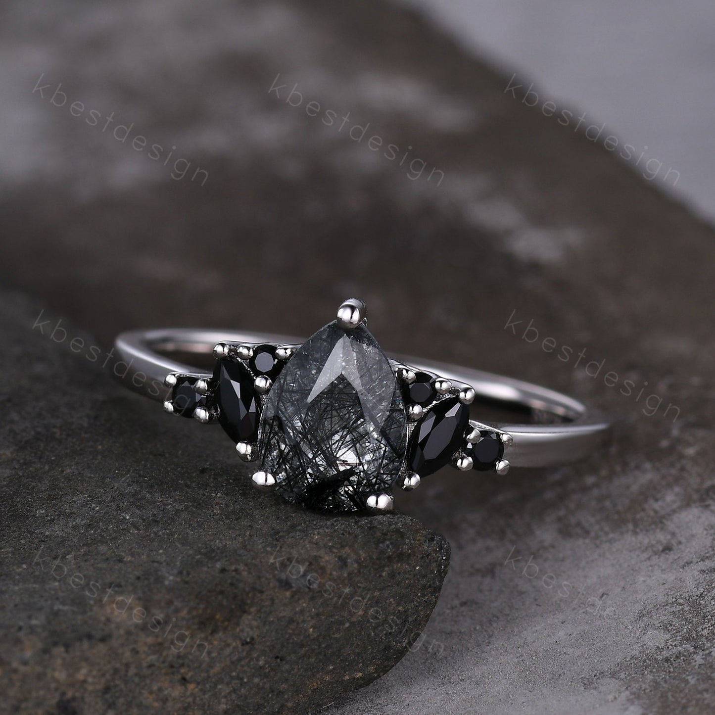 Vintage black rutilated quartz engagement ring sterling silver ring art deco cluster ring pear shaped bridal ring unique black spinel ring