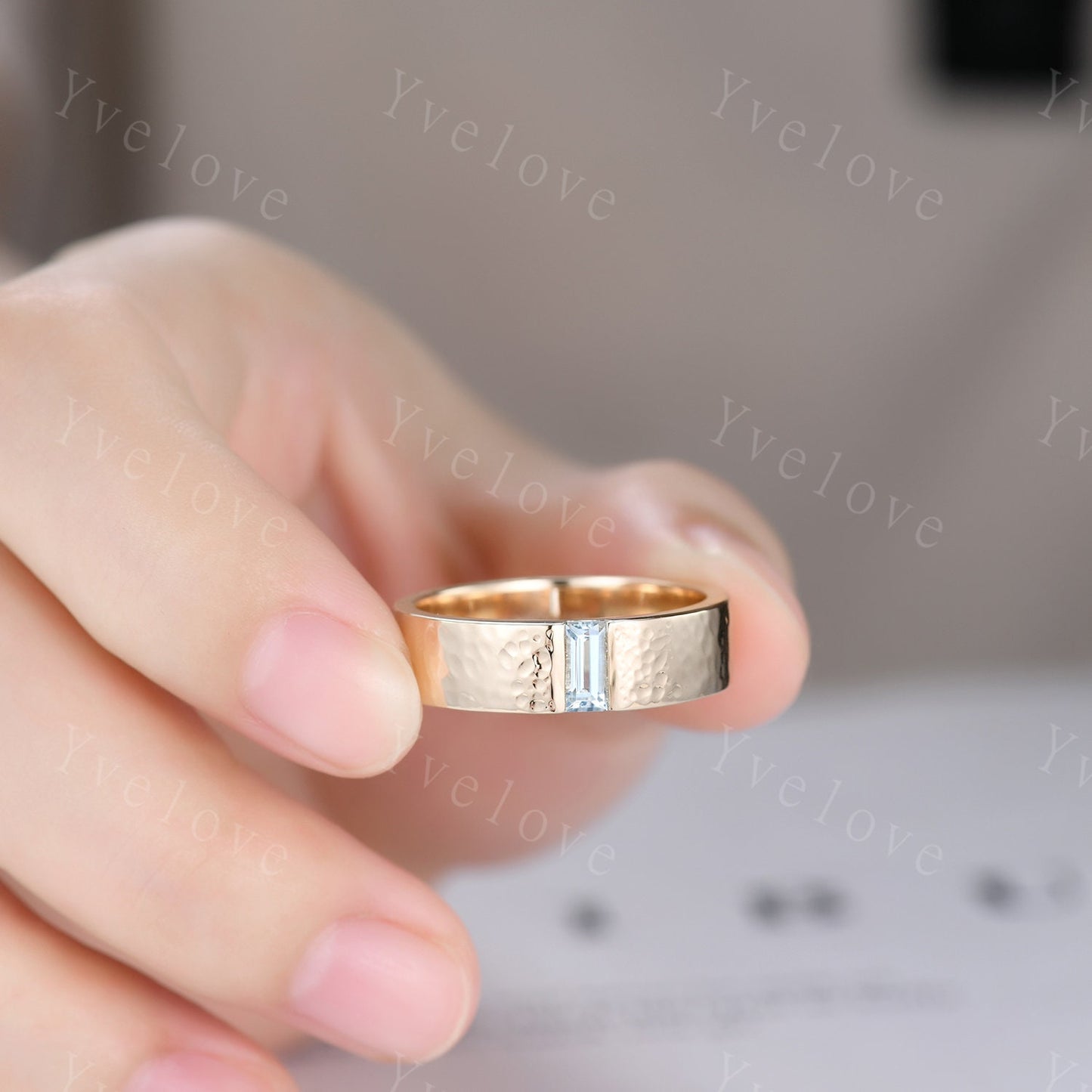 6mm Mens Blue Aquamarine Wedding Band Baguette Shaped Band White Gold Ring Mens Hammered Stacking Matching Band Retro Vintage Ring Gift