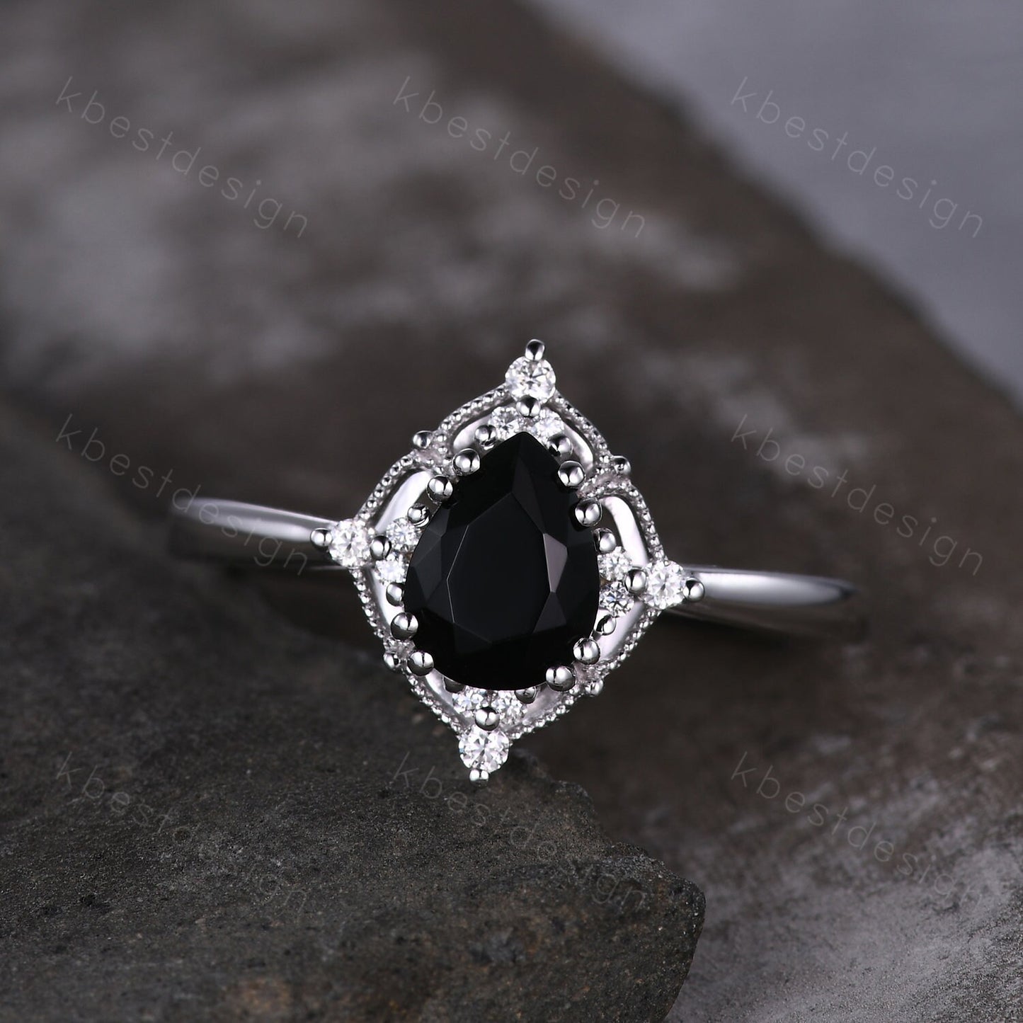Pear Cut Natural Black Onyx Engagement Ring Unique Art Deco Moissanite Ring Sterling Silver Ring Black Gemstone ring Bridal Promise Ring