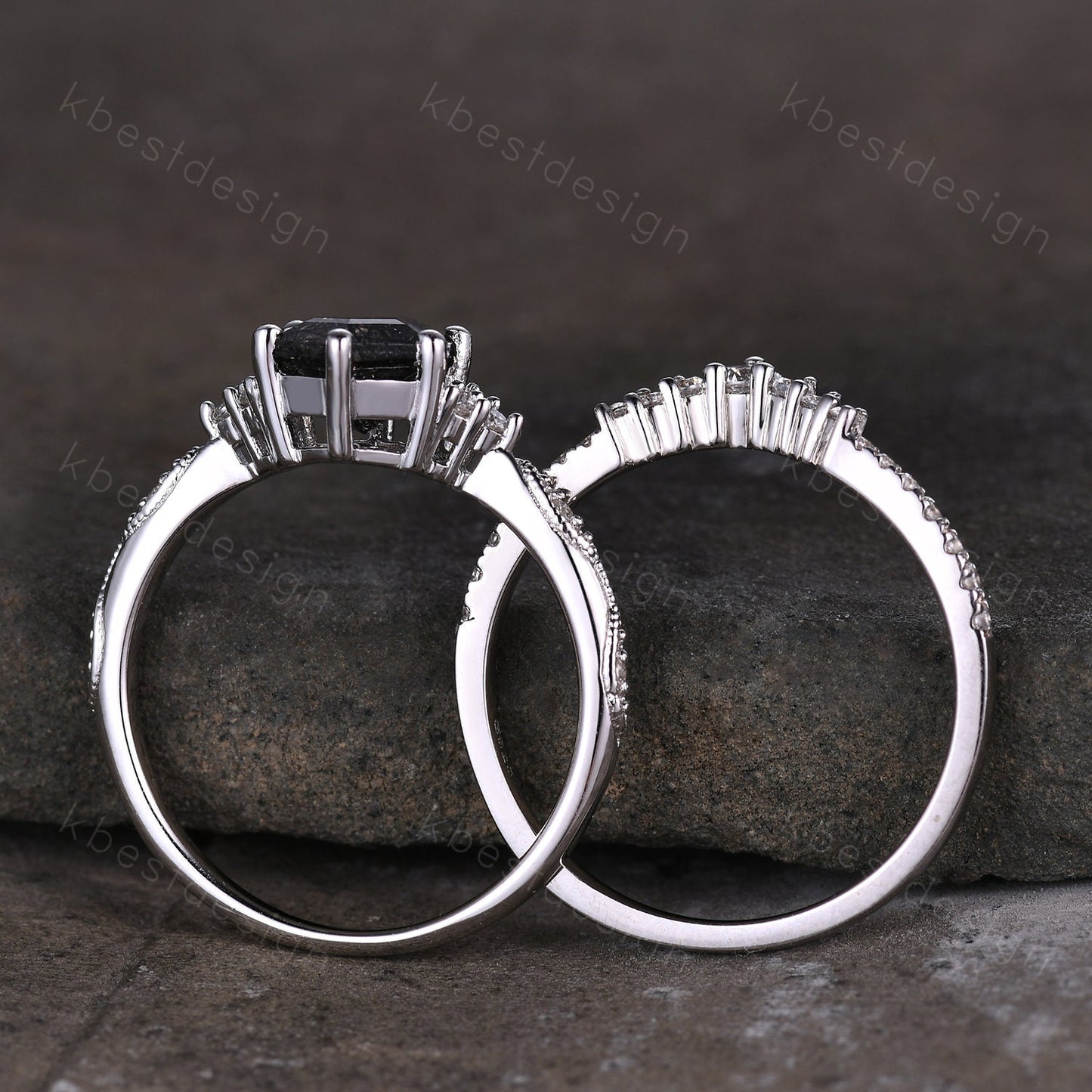 Hexagon cut black rutilated quartz engagement ring sterling silver art deco moissanite ring women black stone ring unique wedding ring set