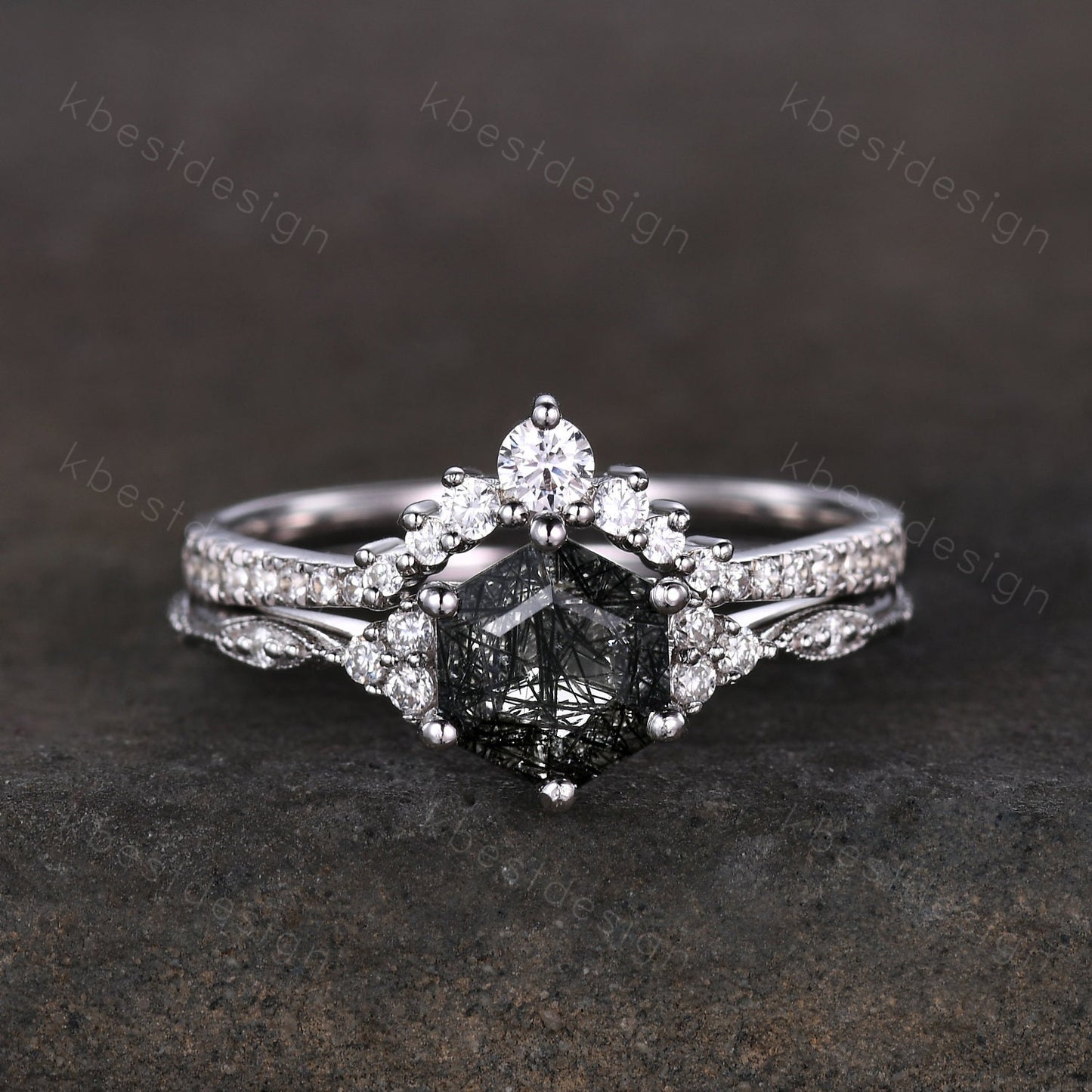 Hexagon cut black rutilated quartz engagement ring sterling silver art deco moissanite ring women black stone ring unique wedding ring set