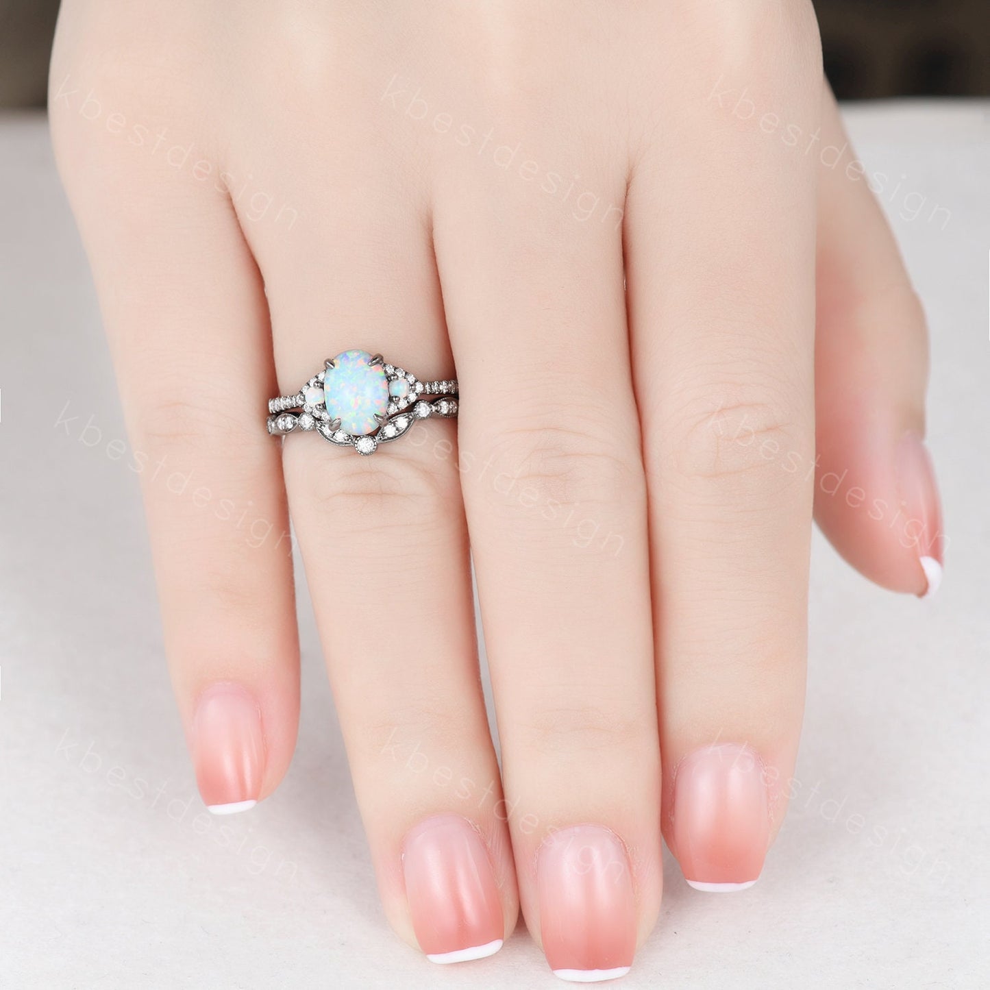 Vintage white opal engagement ring black gold rings art deco curved stacking matching band oval cut bridal set unique moissanite wedding set