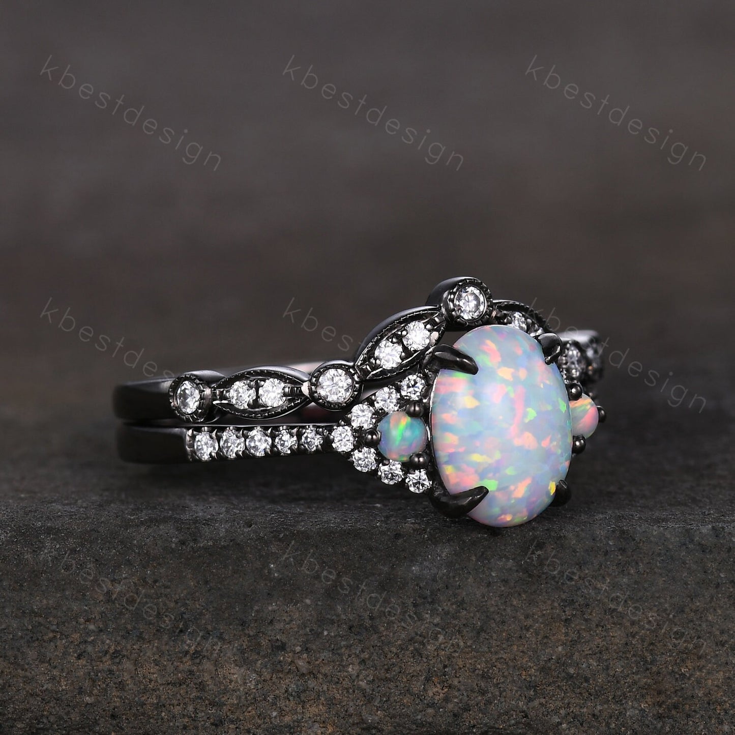 Vintage white opal engagement ring black gold rings art deco curved stacking matching band oval cut bridal set unique moissanite wedding set