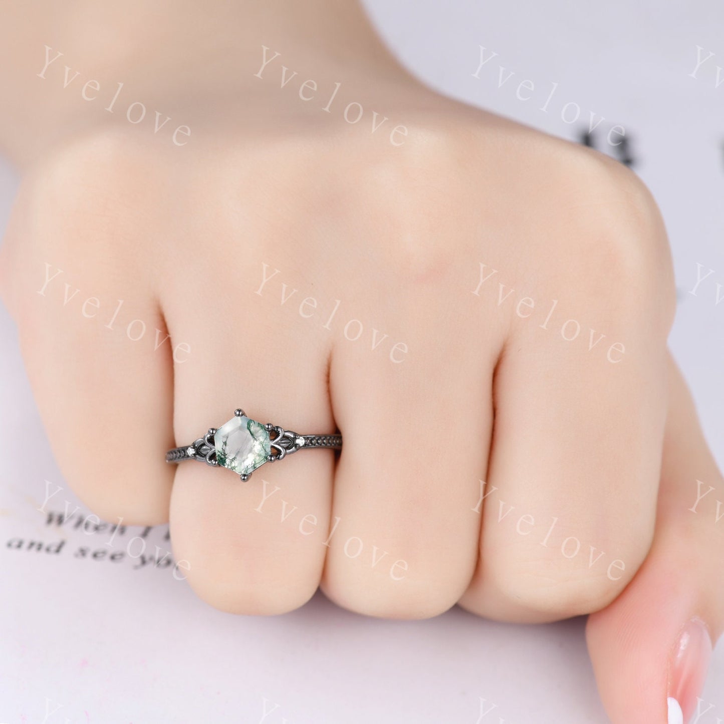 Vintage Black Gold Hexagon Cut Moss Agate Engagement Ring Set Unique Bridal Set,Diamond Ring Dark Promise Wedding Set,Celtic Enhancer Band
