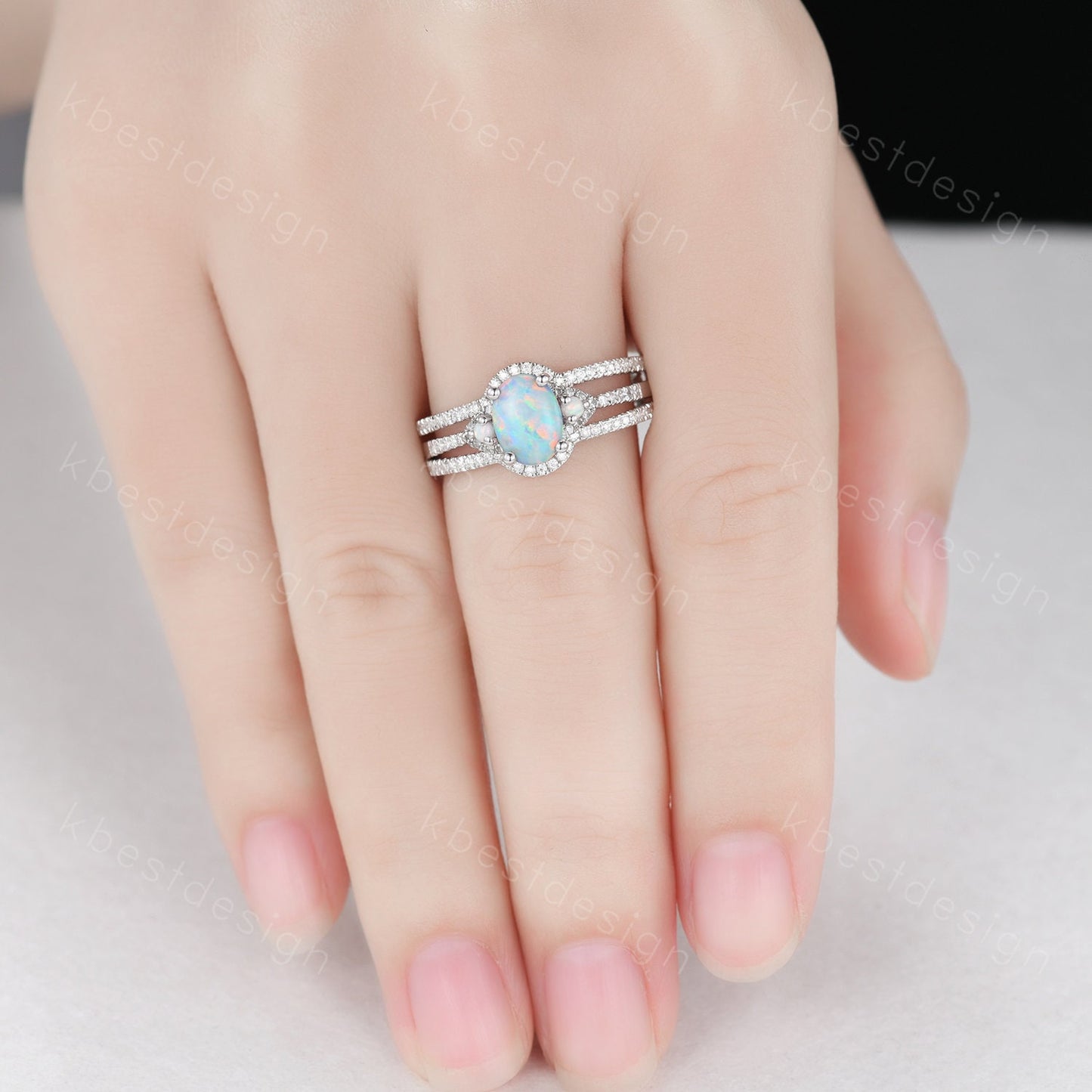 Vintage Opal engagement ring sterling silver wedding ring set double curved women stacking ring unique moissnaite bridal wedding ring set
