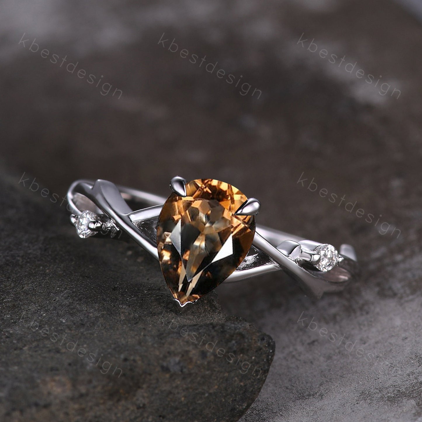 Pear cut Brown Quartz Ring Sterling Silver Smoky Quartz Engagement Ring Unique Twig Moissanite Ring Nature Inspired Ring Promise Ring