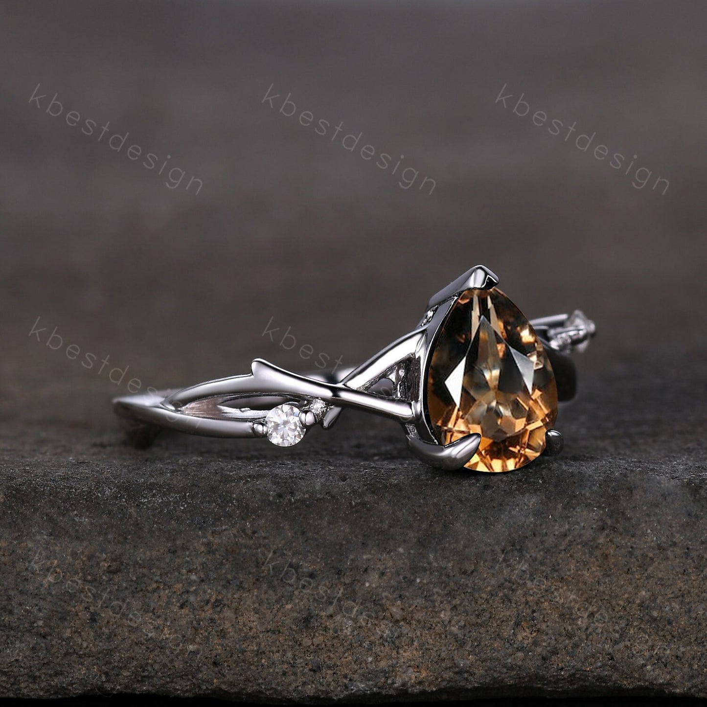 Pear cut Brown Quartz Ring Sterling Silver Smoky Quartz Engagement Ring Unique Twig Moissanite Ring Nature Inspired Ring Promise Ring