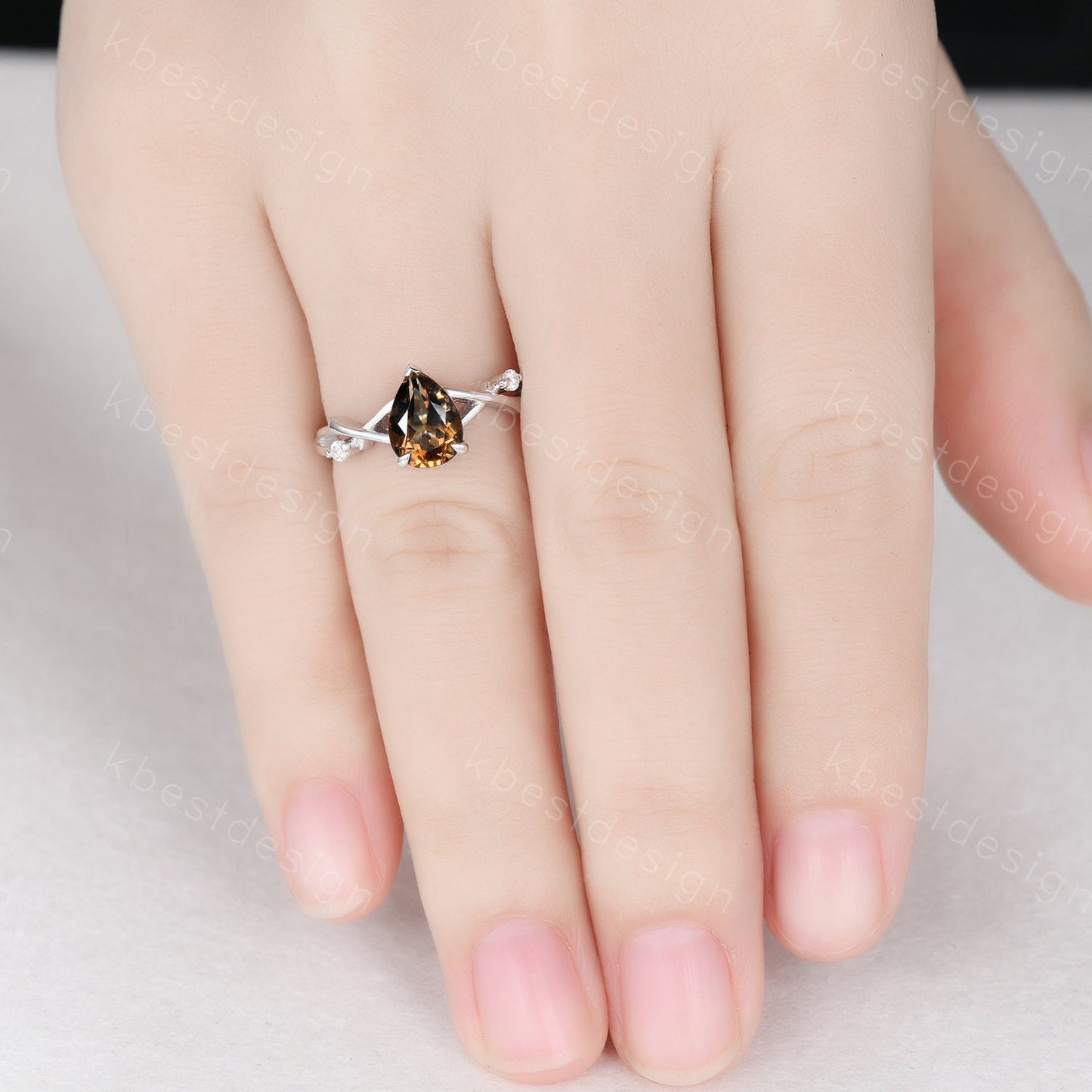 Pear cut Brown Quartz Ring Sterling Silver Smoky Quartz Engagement Ring Unique Twig Moissanite Ring Nature Inspired Ring Promise Ring
